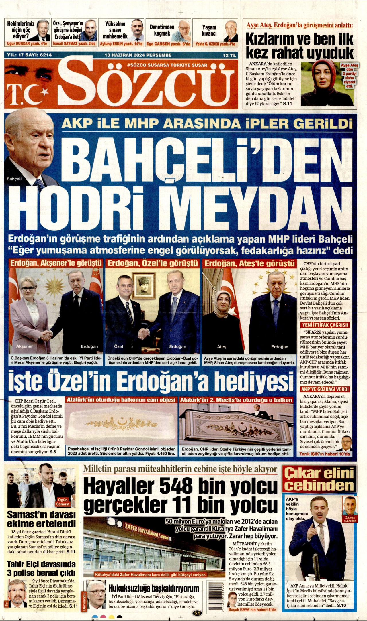 SÖZCÜ gazetesinin 13 Haziran 2024 tarihli birinci sayfası