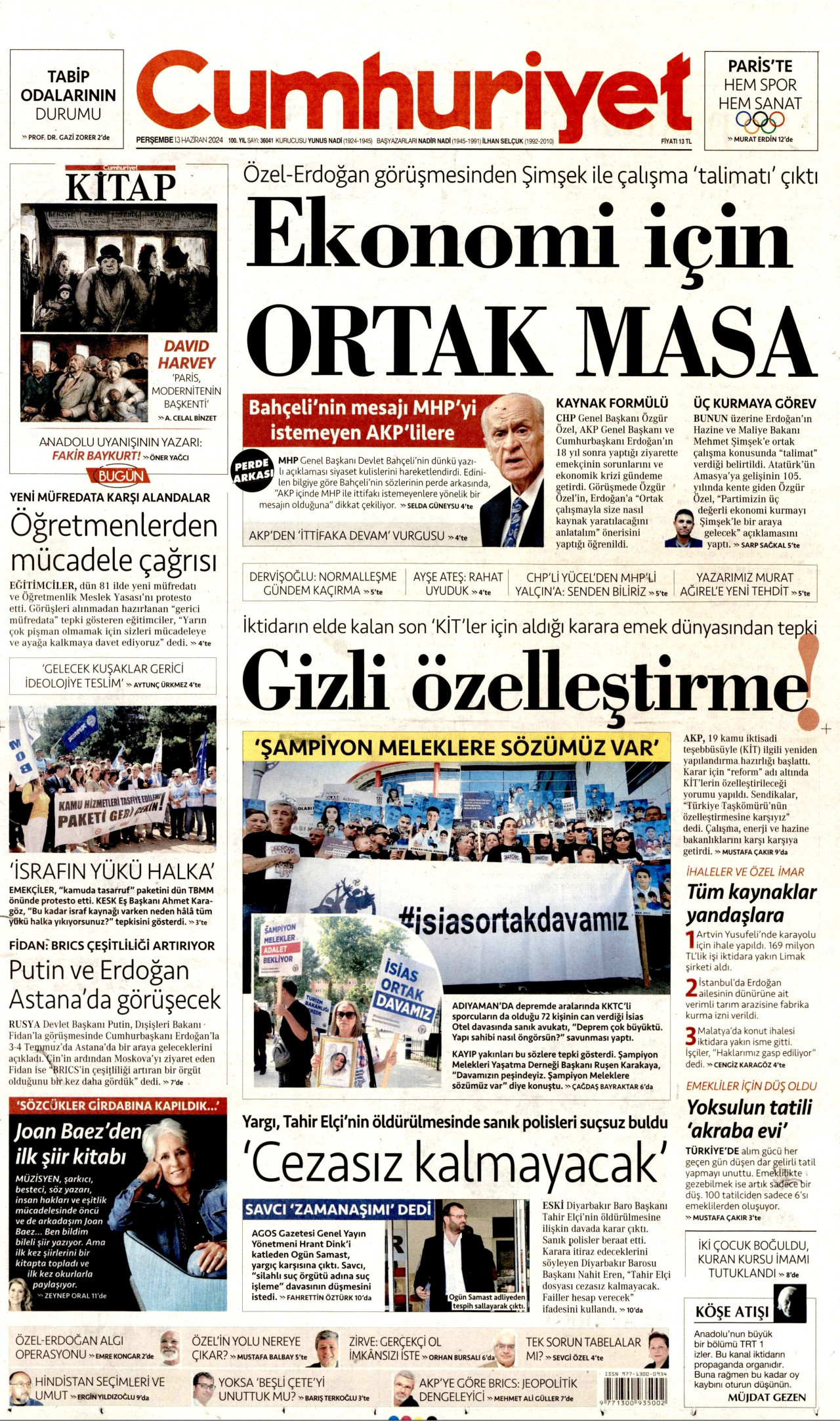 CUMHURİYET gazetesinin 13 Haziran 2024 tarihli birinci sayfası