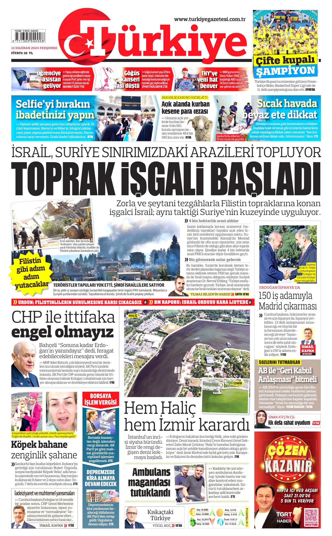 TÜRKİYE GAZETESİ gazetesinin 13 Haziran 2024 tarihli birinci sayfası