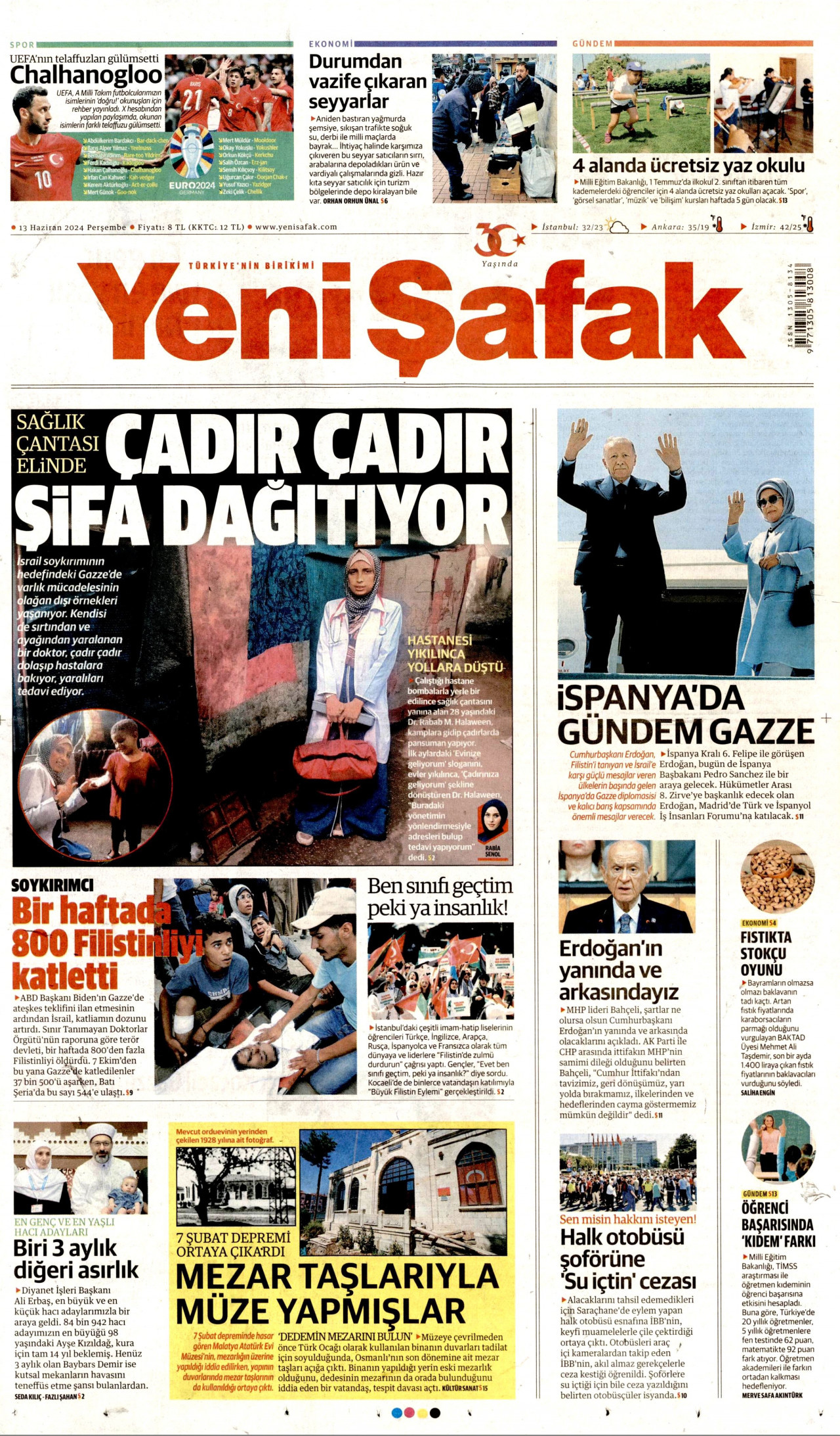 YENİ ŞAFAK gazetesinin 13 Haziran 2024 tarihli birinci sayfası