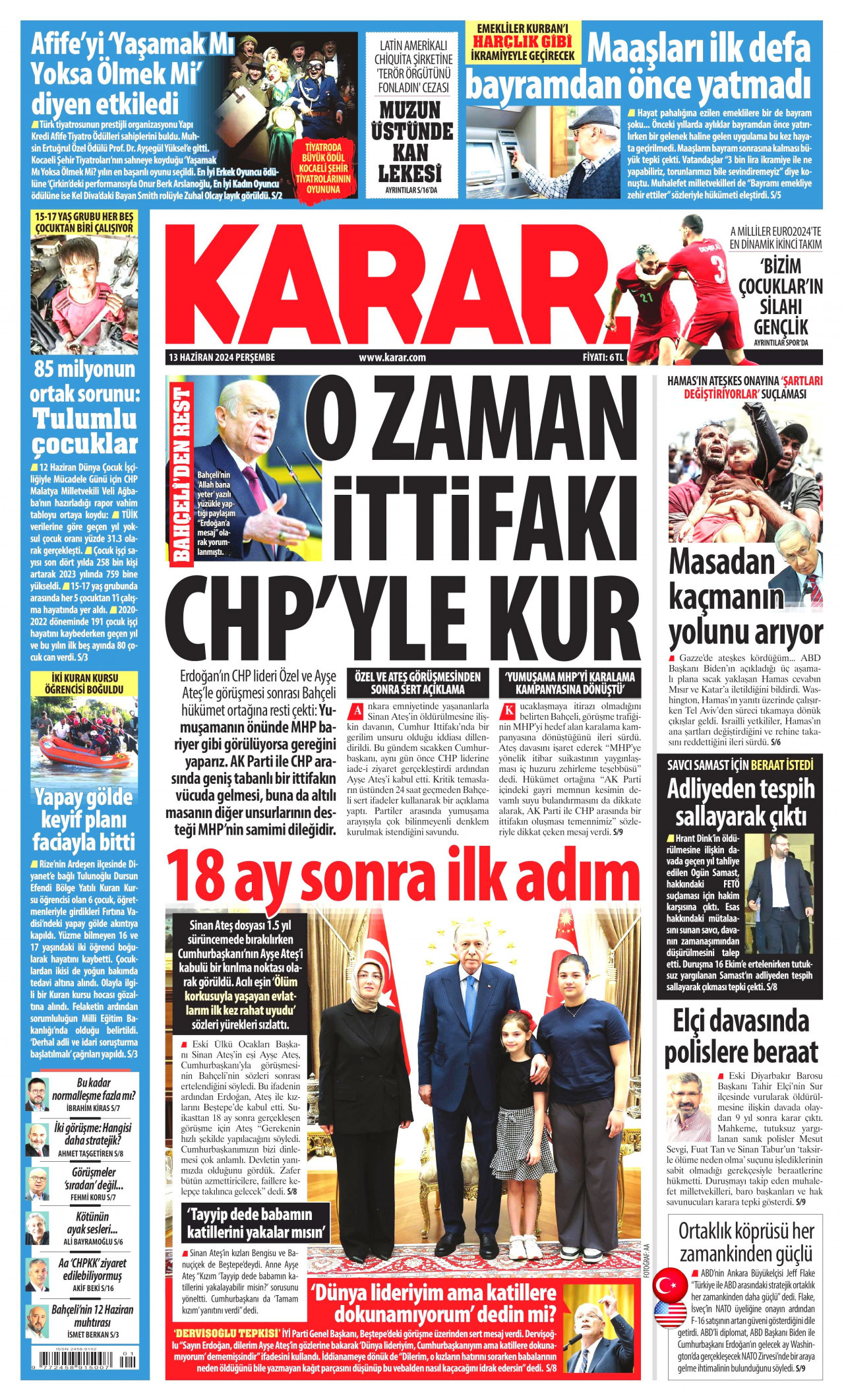 KARAR gazetesinin 13 Haziran 2024 tarihli birinci sayfası