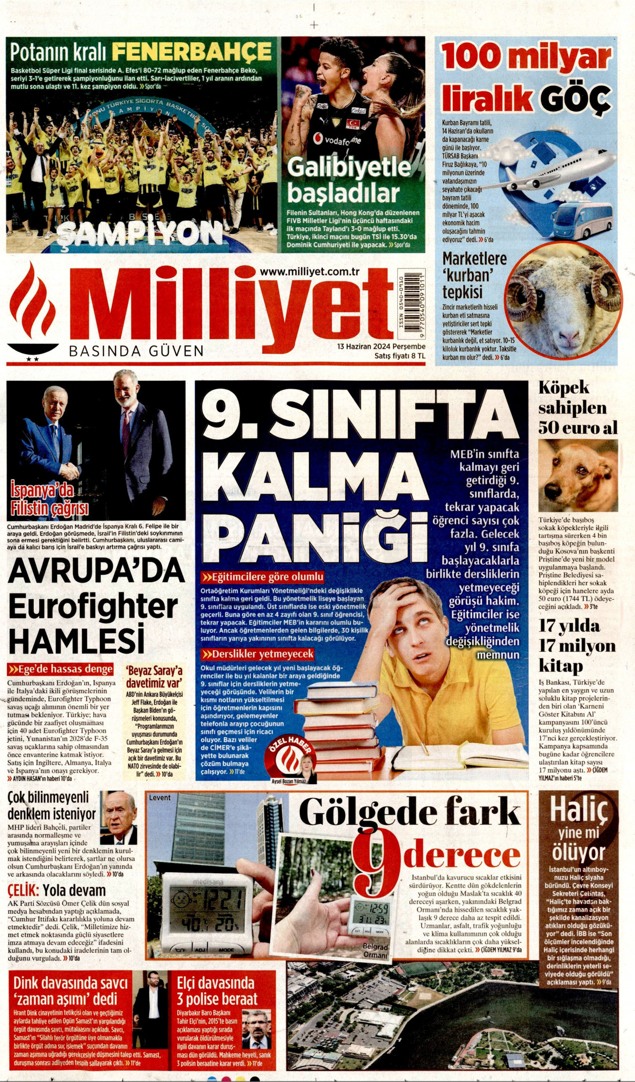 MİLLİYET gazetesinin 13 Haziran 2024 tarihli birinci sayfası