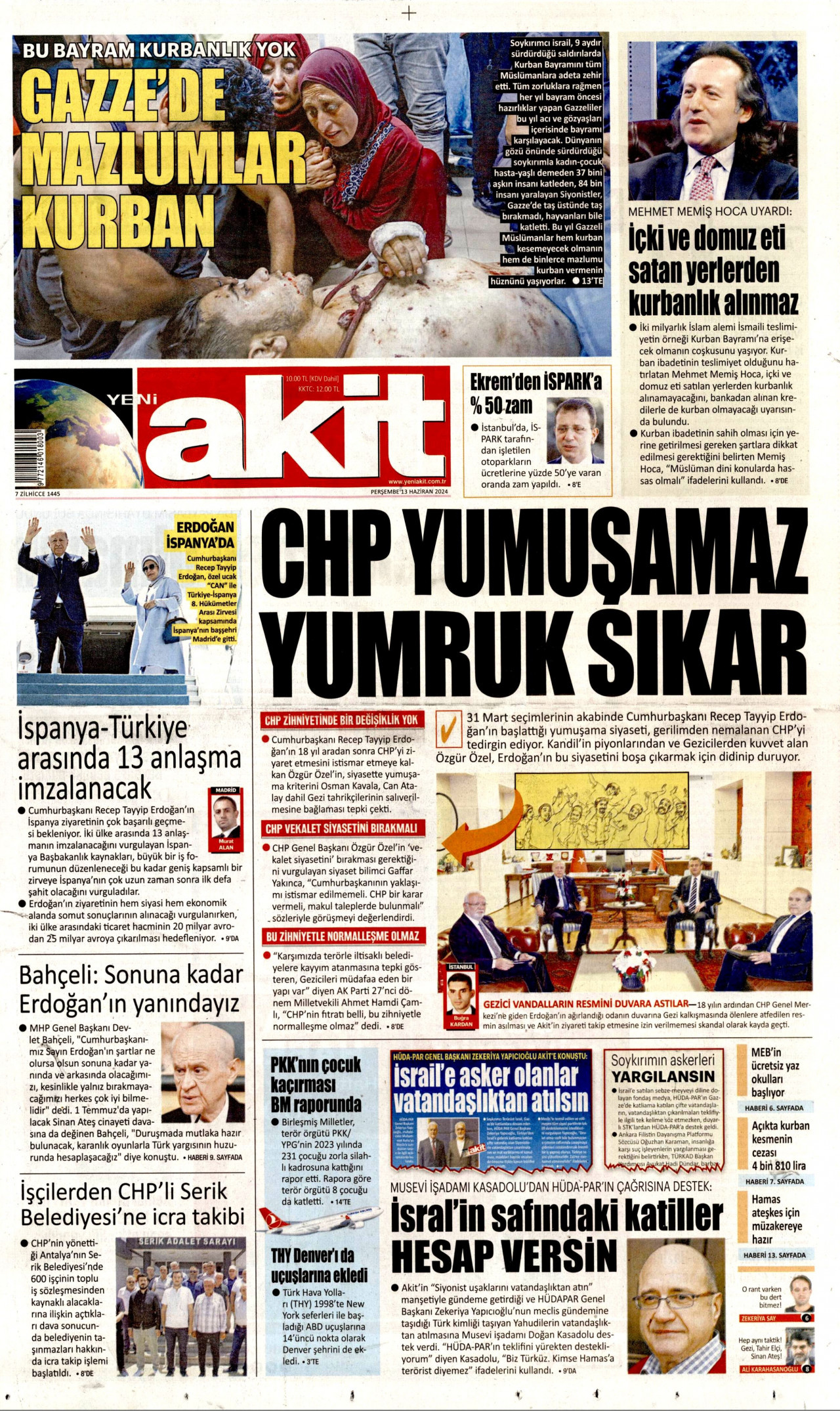 YENİ AKİT gazetesinin 13 Haziran 2024 tarihli birinci sayfası