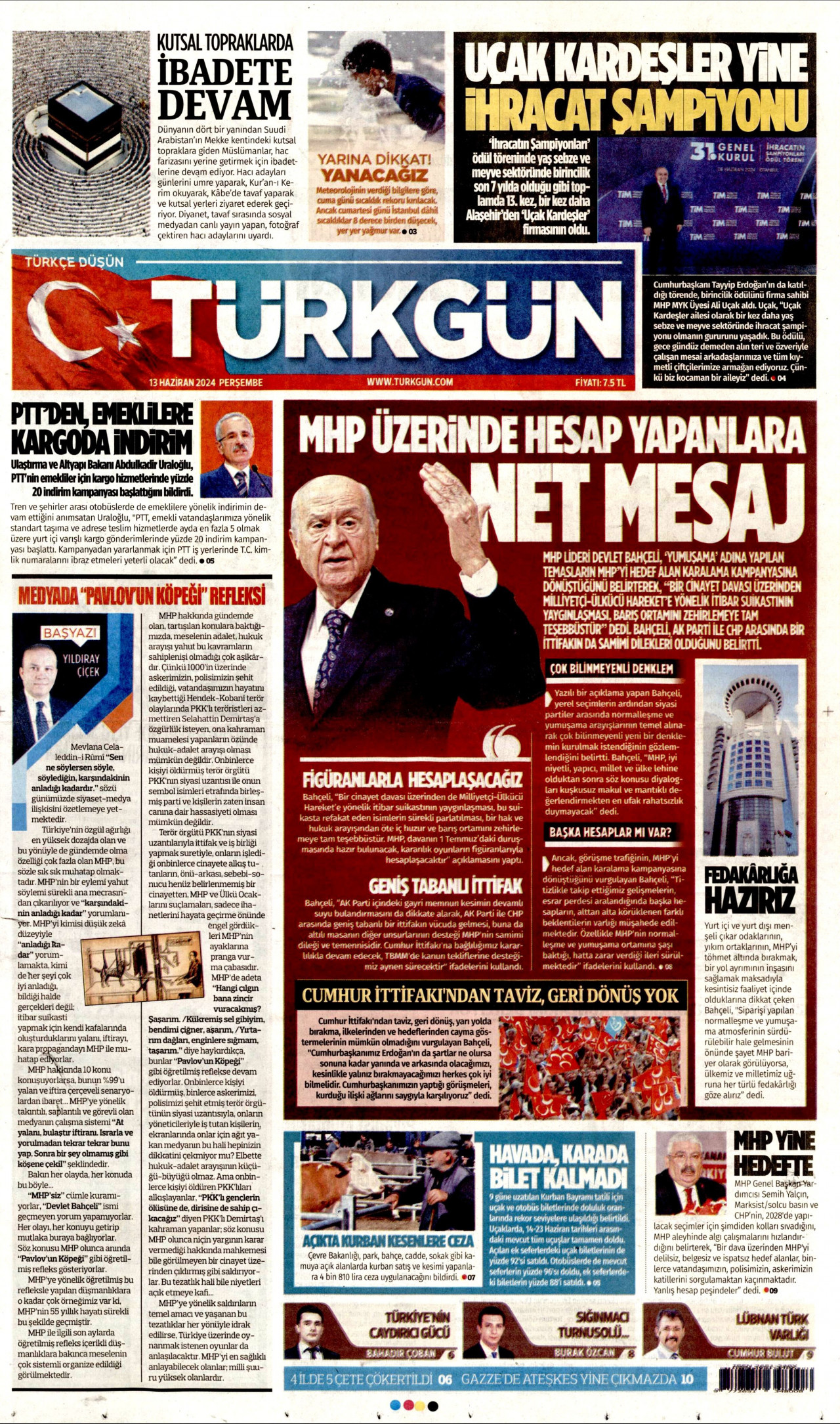 TÜRKGÜN gazetesinin 13 Haziran 2024 tarihli birinci sayfası