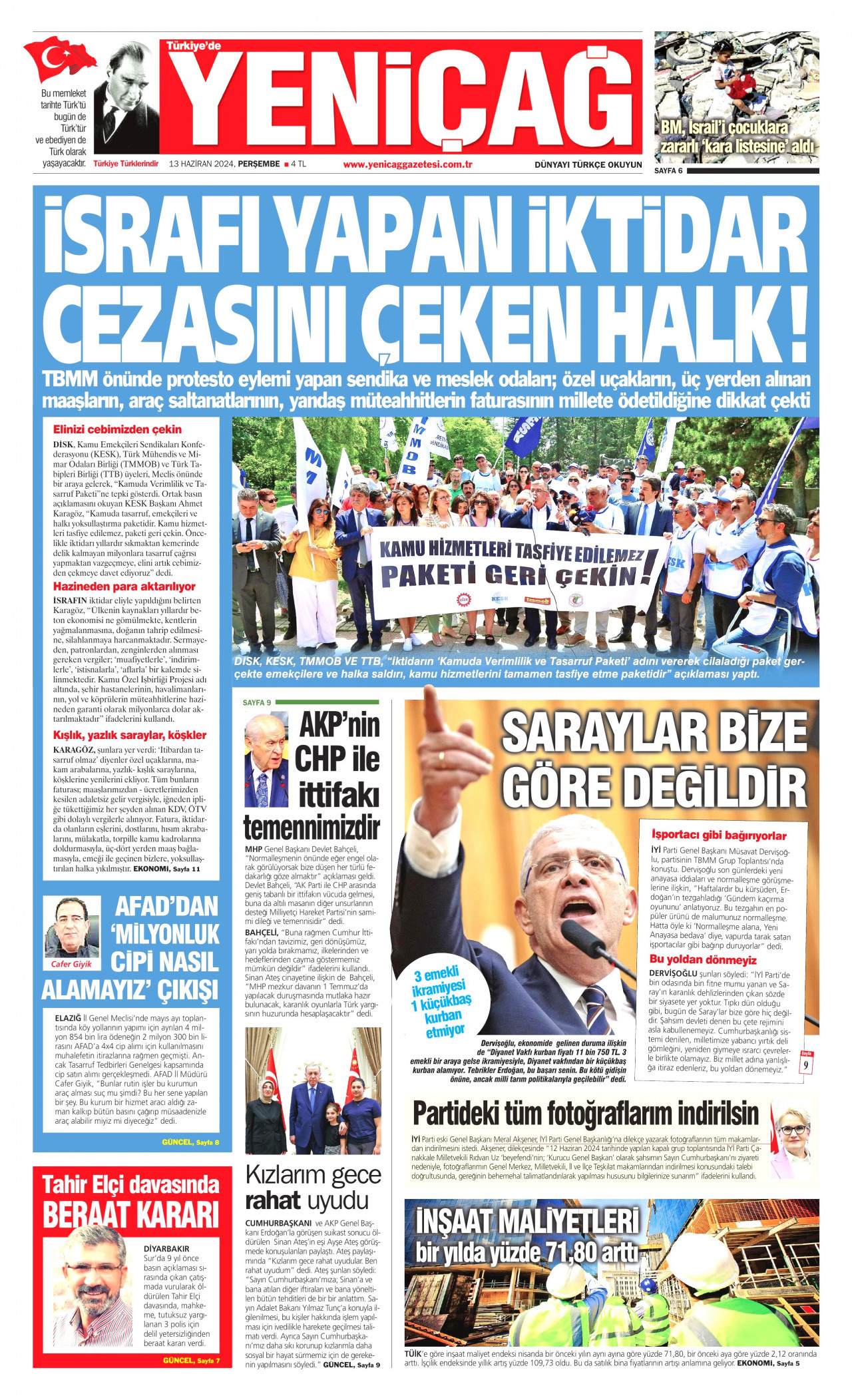 YENİÇAĞ gazetesinin 13 Haziran 2024 tarihli birinci sayfası