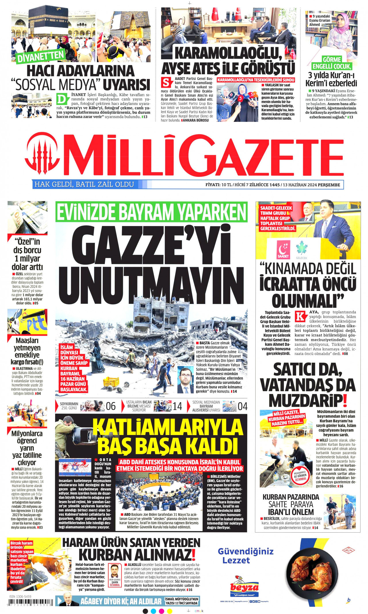 MİLLİ GAZETE gazetesinin 13 Haziran 2024 tarihli birinci sayfası