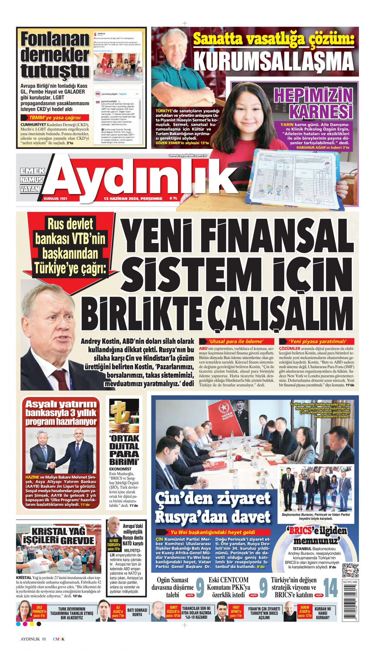AYDINLIK GAZETESİ gazetesinin 13 Haziran 2024 tarihli birinci sayfası