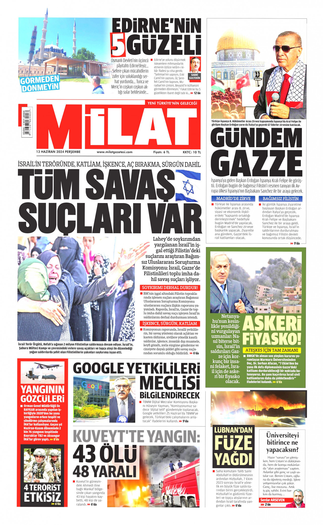 MİLAT gazetesinin 13 Haziran 2024 tarihli birinci sayfası