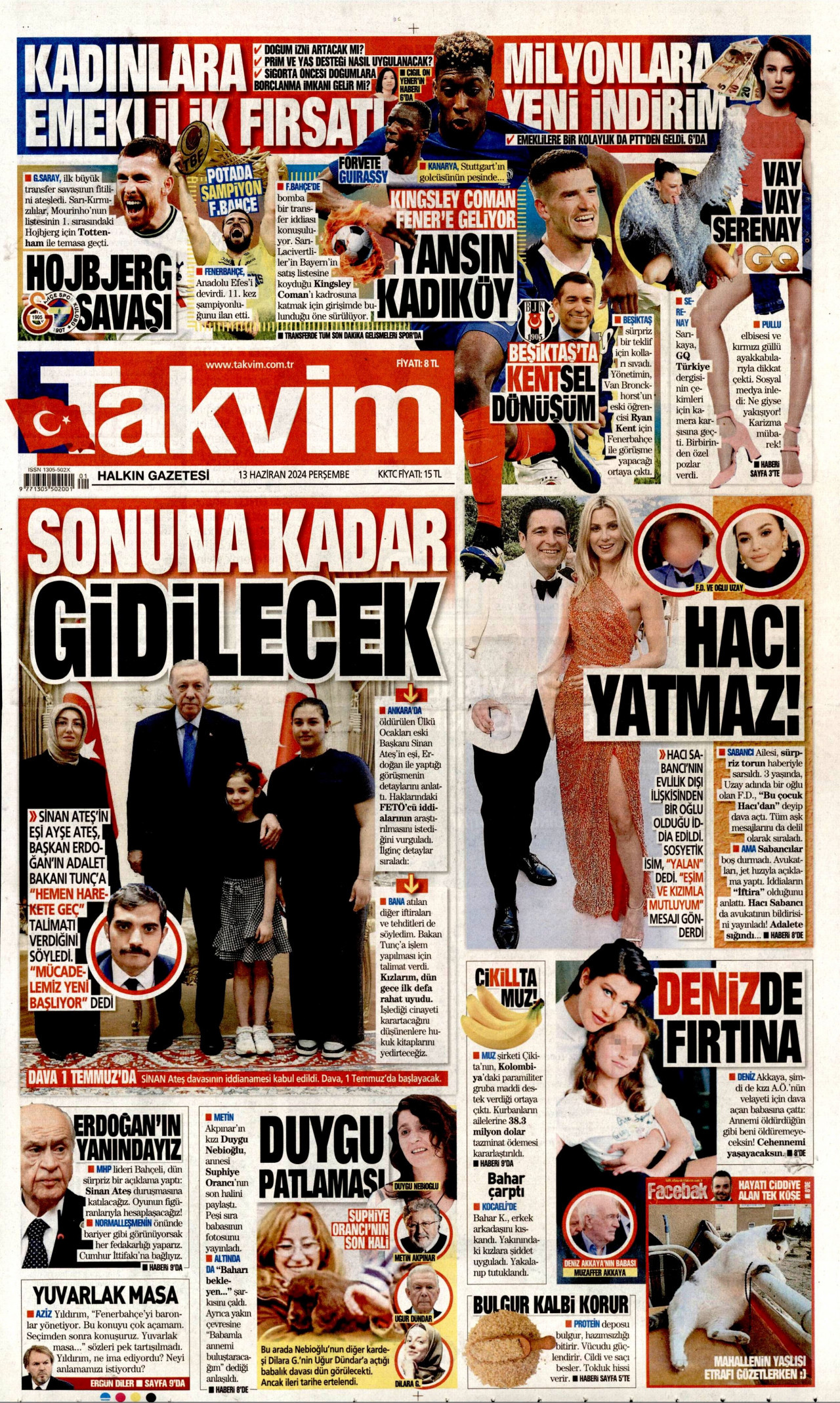 TAKVİM gazetesinin 13 Haziran 2024 tarihli birinci sayfası