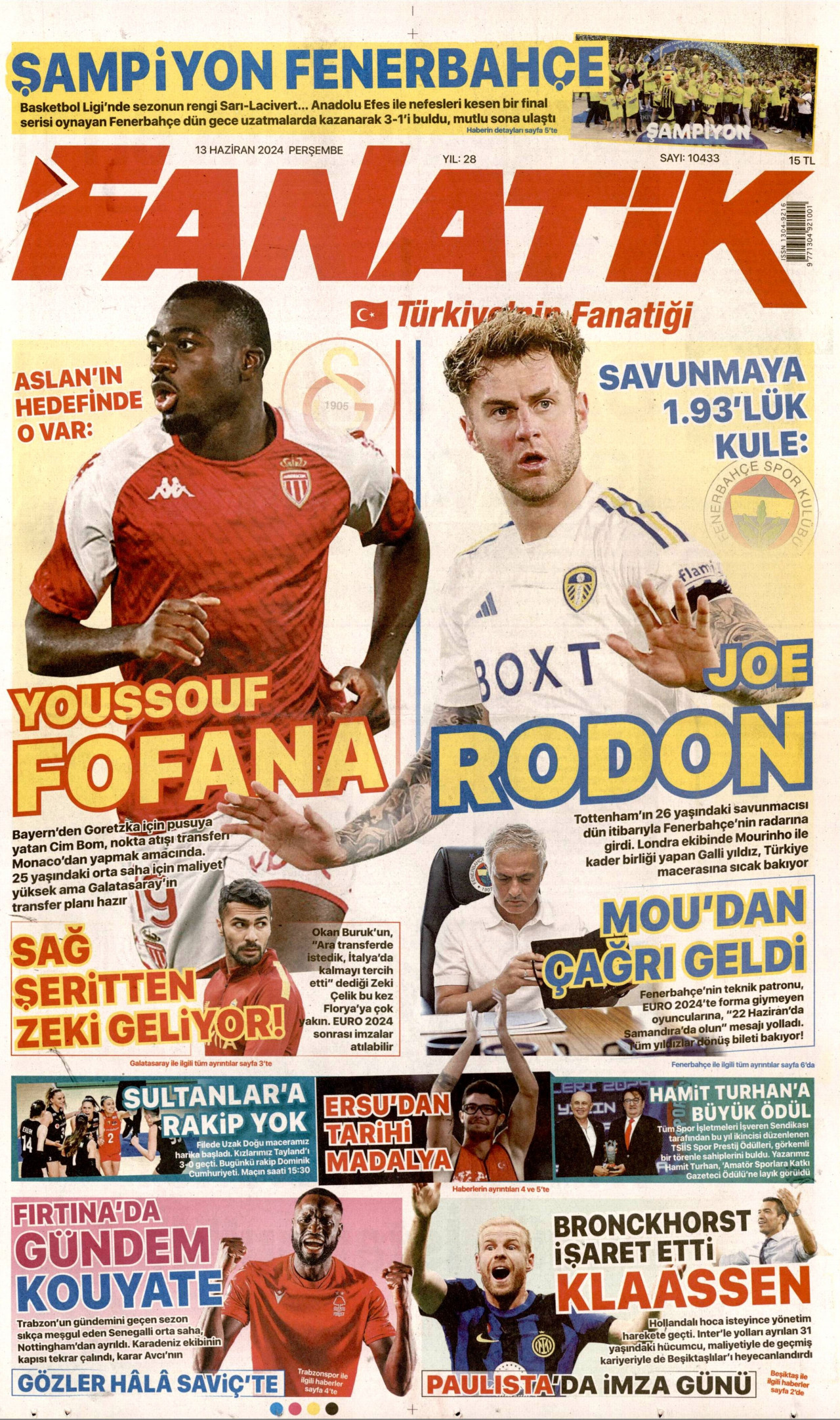 FANATİK gazetesinin 13 Haziran 2024 tarihli birinci sayfası