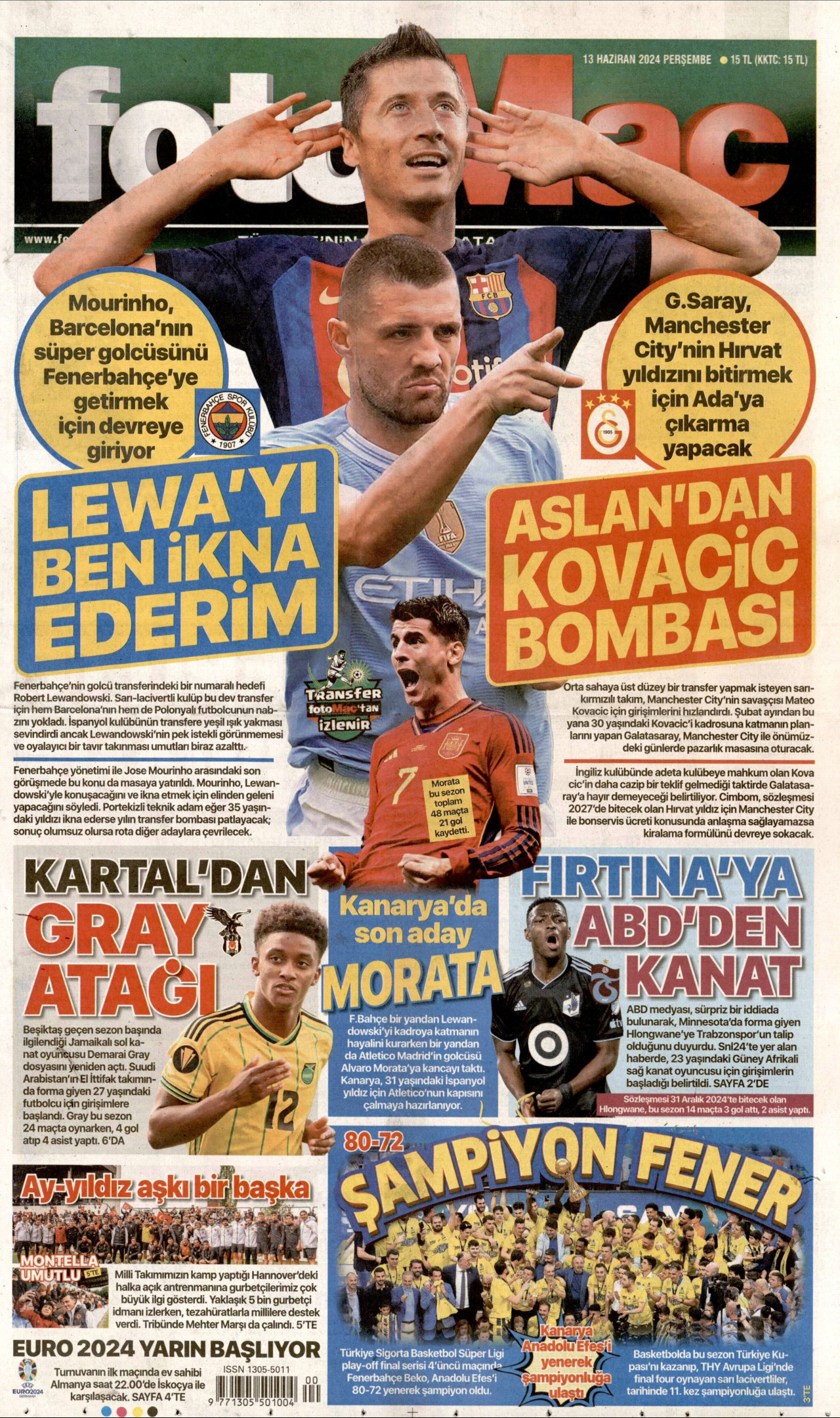FOTOMAÇ gazetesinin 13 Haziran 2024 tarihli birinci sayfası
