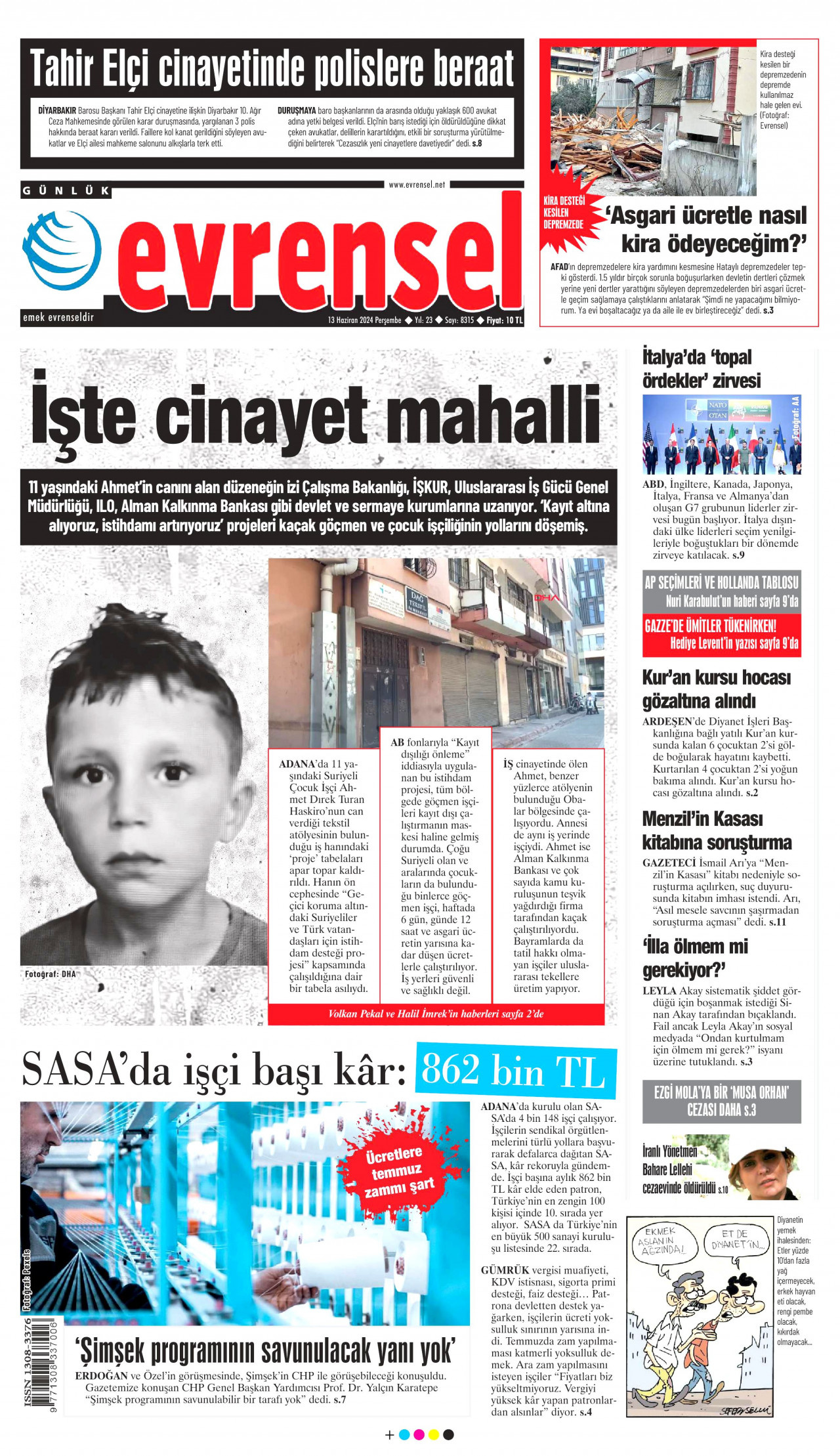 EVRENSEL gazetesinin 13 Haziran 2024 tarihli birinci sayfası