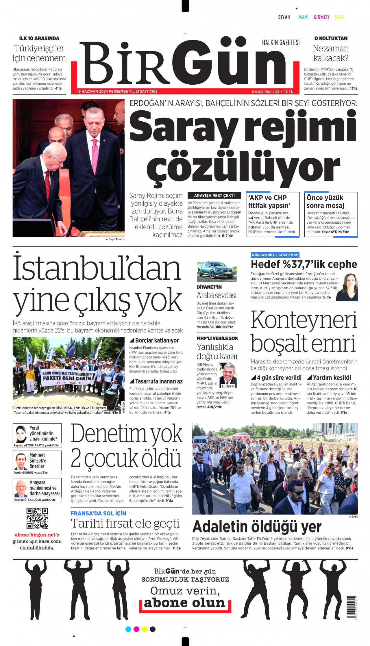 BİRGÜN gazetesinin 13 Haziran 2024 tarihli birinci sayfası