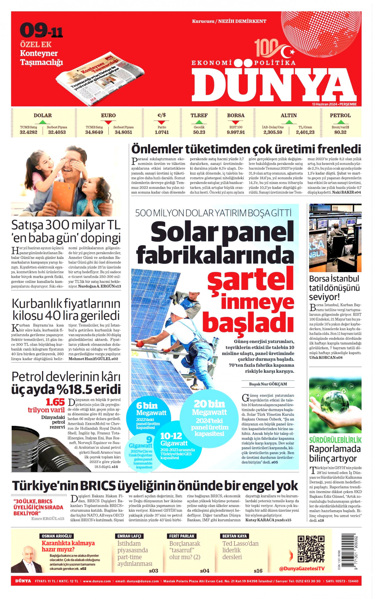 DÜNYA gazetesinin 13 Haziran 2024 tarihli birinci sayfası