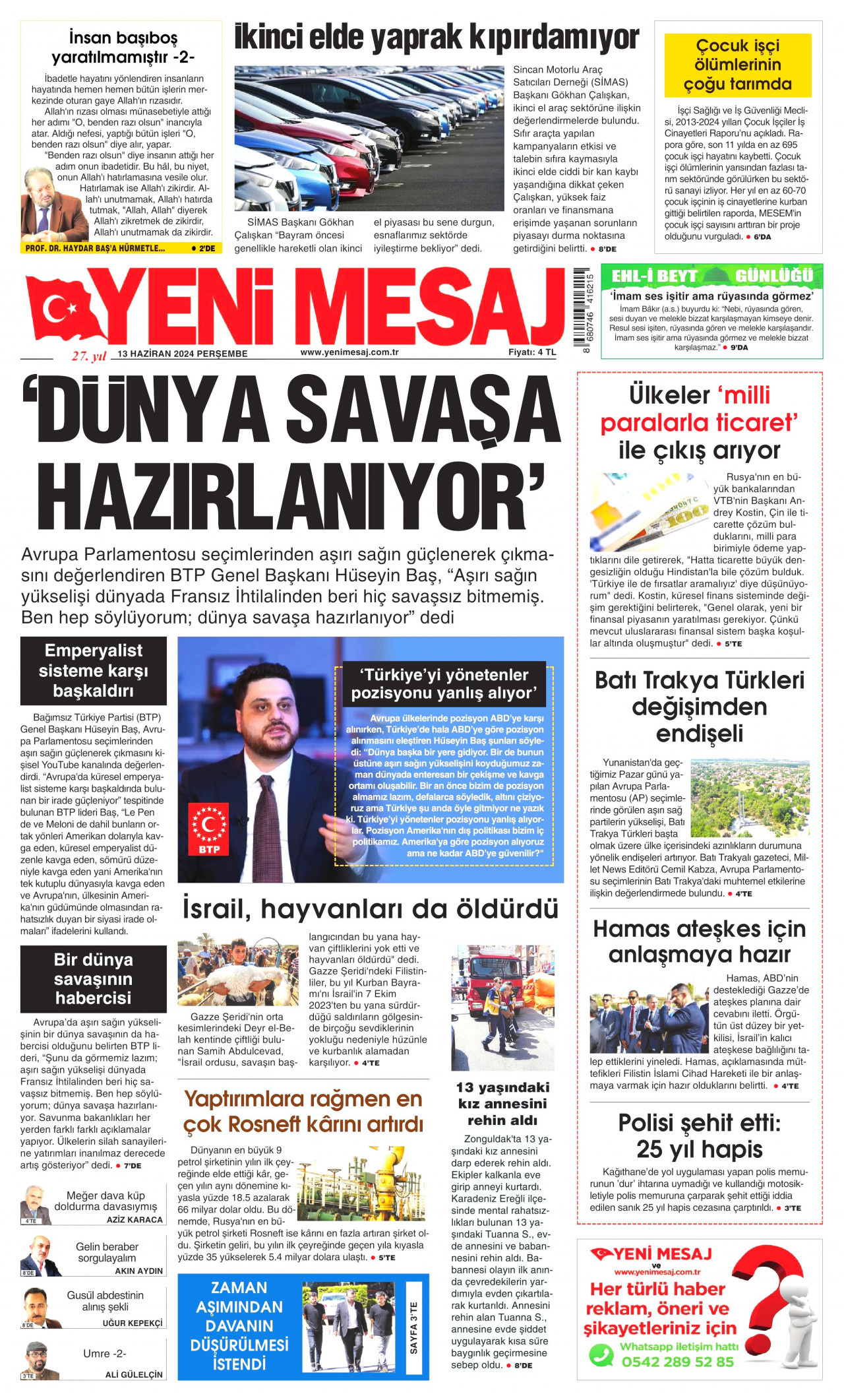 YENİ MESAJ gazetesinin 13 Haziran 2024 tarihli birinci sayfası
