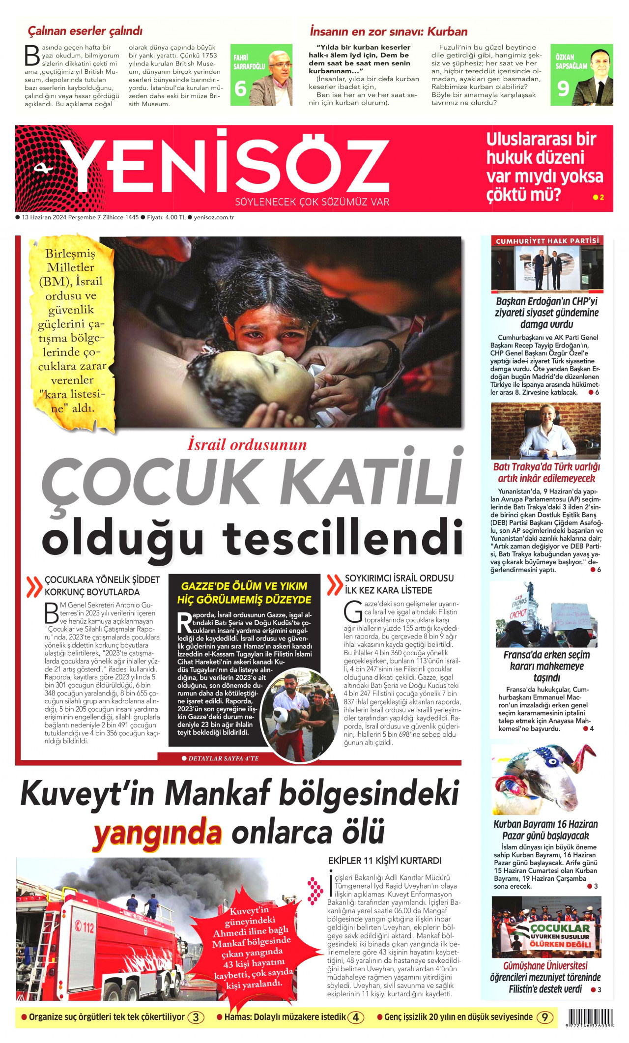 YENİ SÖZ GAZETESİ gazetesinin 13 Haziran 2024 tarihli birinci sayfası