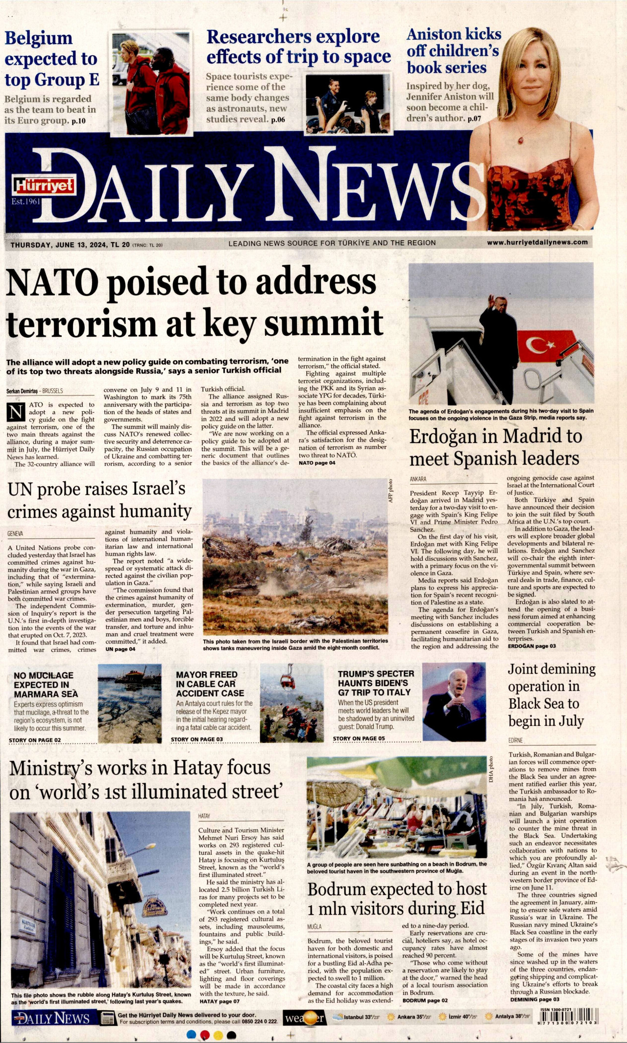 HÜRRİYET DAİLY NEWS gazetesinin 13 Haziran 2024 tarihli birinci sayfası