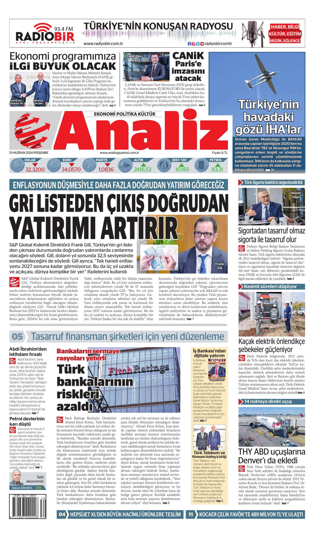 ANALİZ gazetesinin 13 Haziran 2024 tarihli birinci sayfası