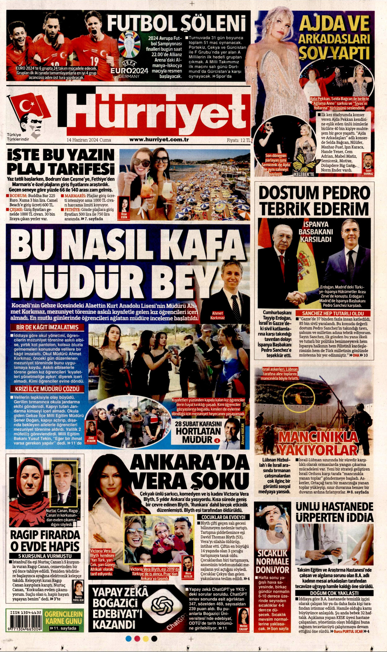 HÜRRİYET gazetesinin 14 Haziran 2024 tarihli birinci sayfası