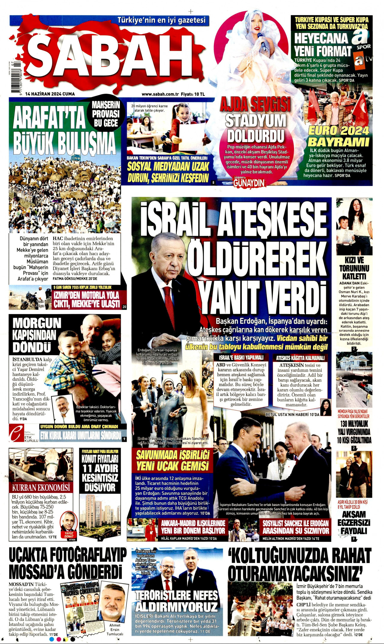 SABAH gazetesinin 14 Haziran 2024 tarihli birinci sayfası