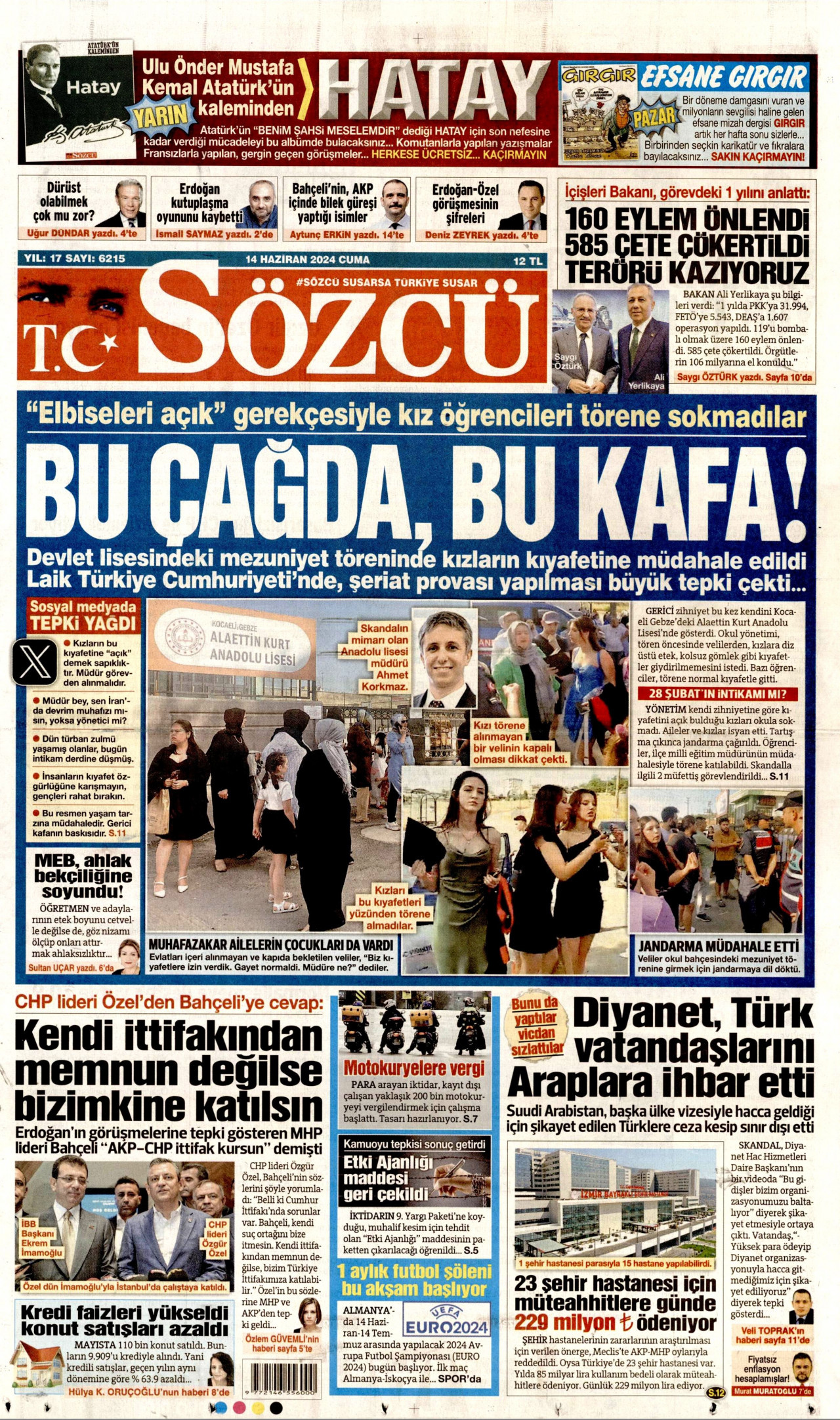 SÖZCÜ gazetesinin 14 Haziran 2024 tarihli birinci sayfası