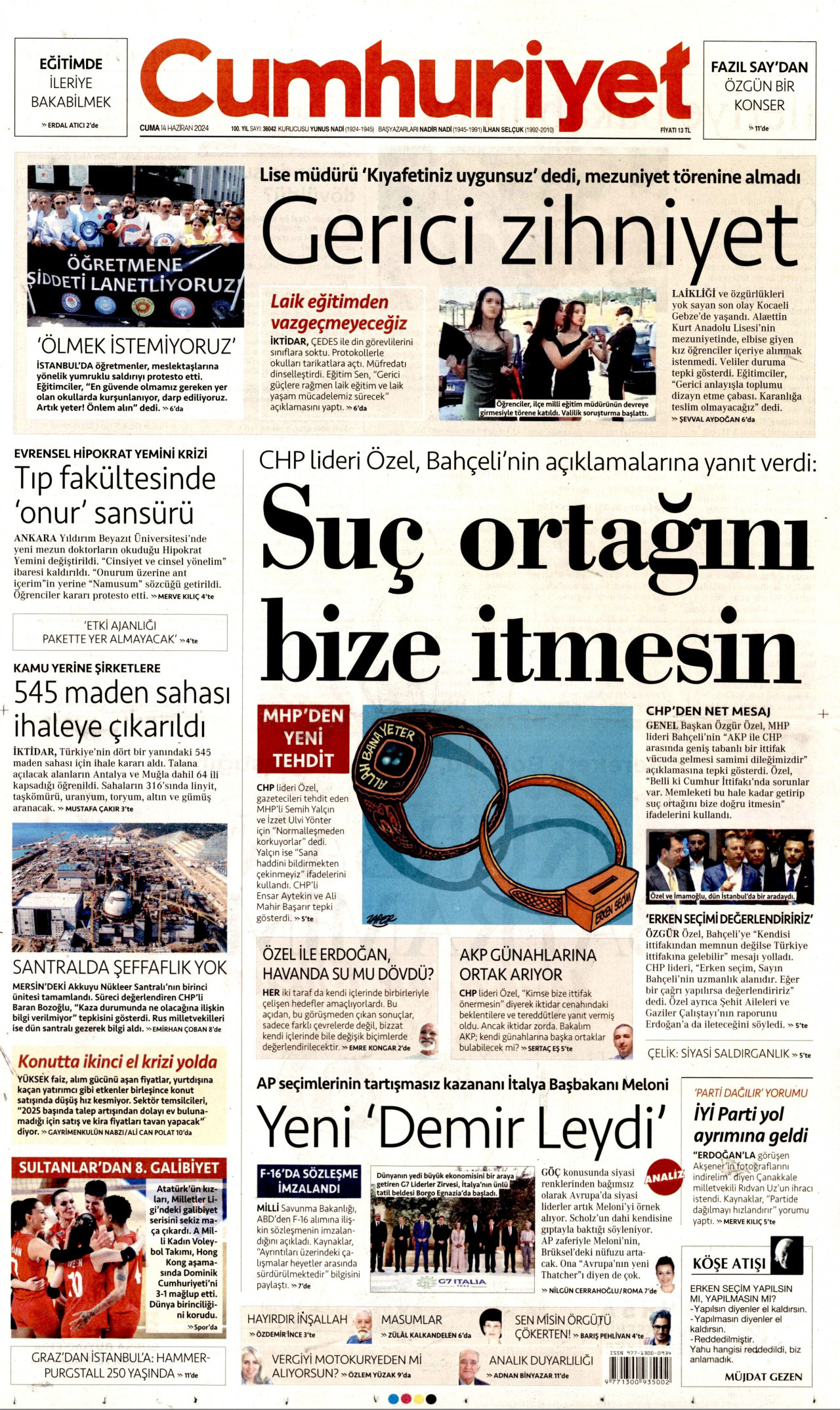 CUMHURİYET gazetesinin 14 Haziran 2024 tarihli birinci sayfası