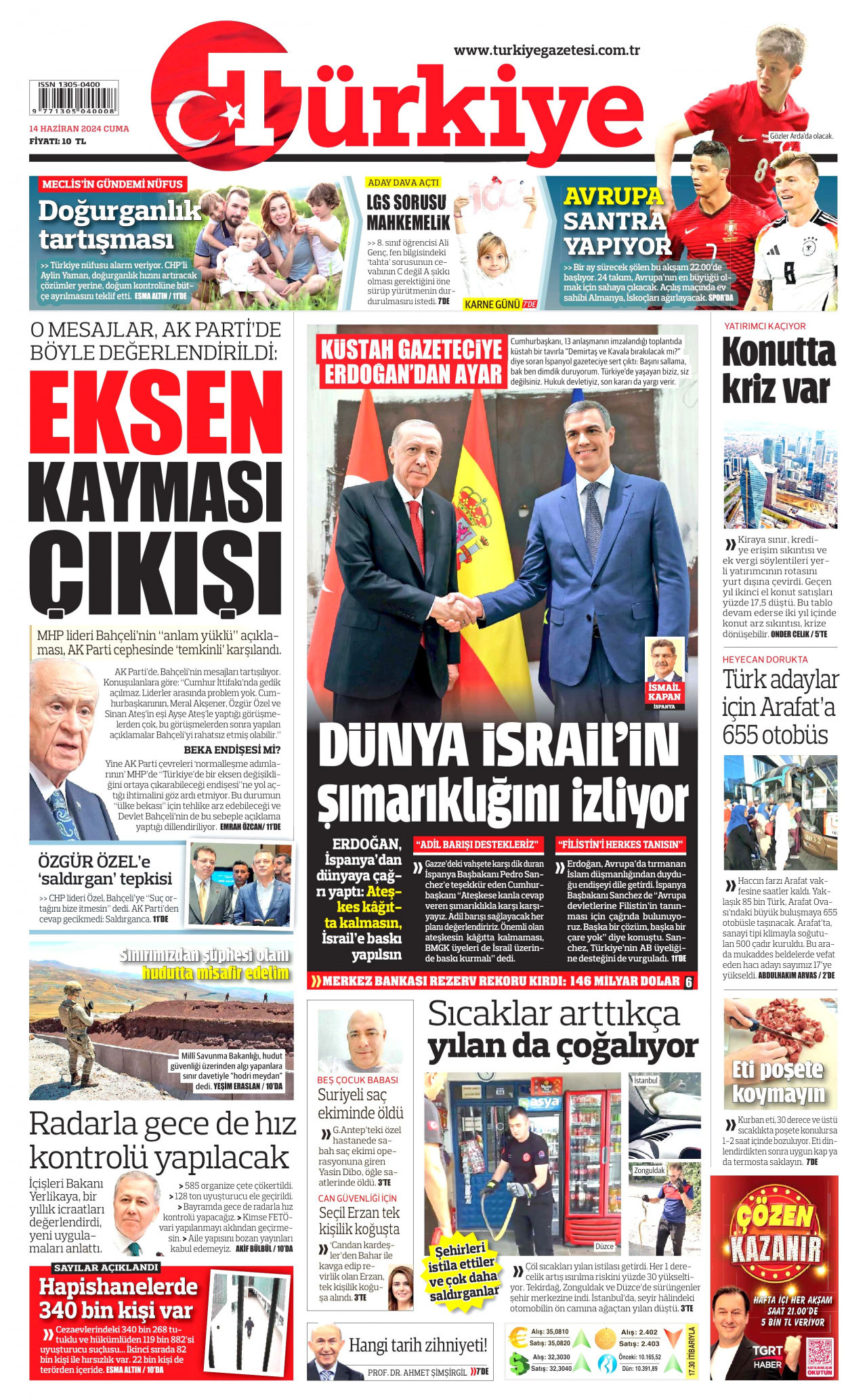 TÜRKİYE GAZETESİ gazetesinin 14 Haziran 2024 tarihli birinci sayfası