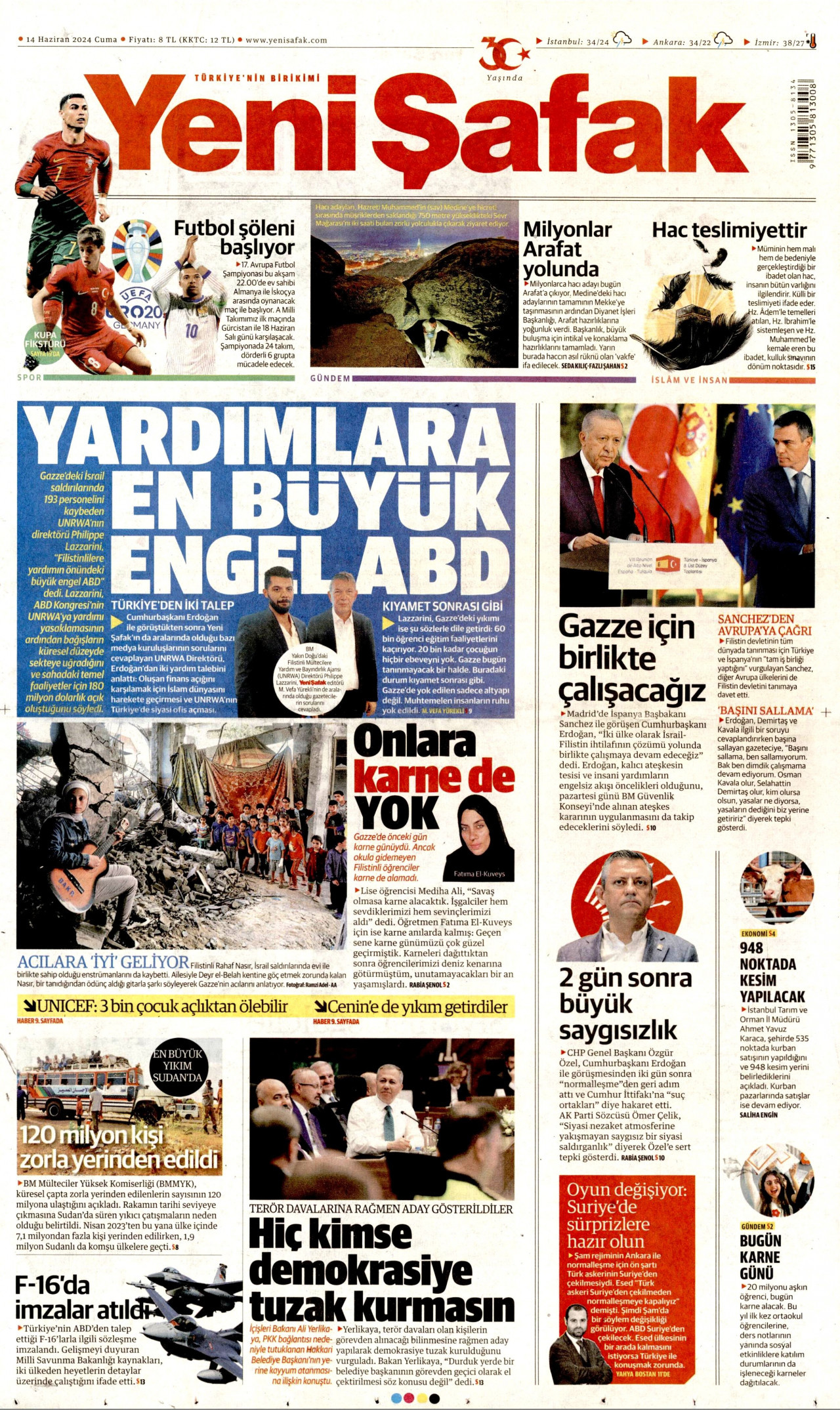 YENİ ŞAFAK gazetesinin 14 Haziran 2024 tarihli birinci sayfası