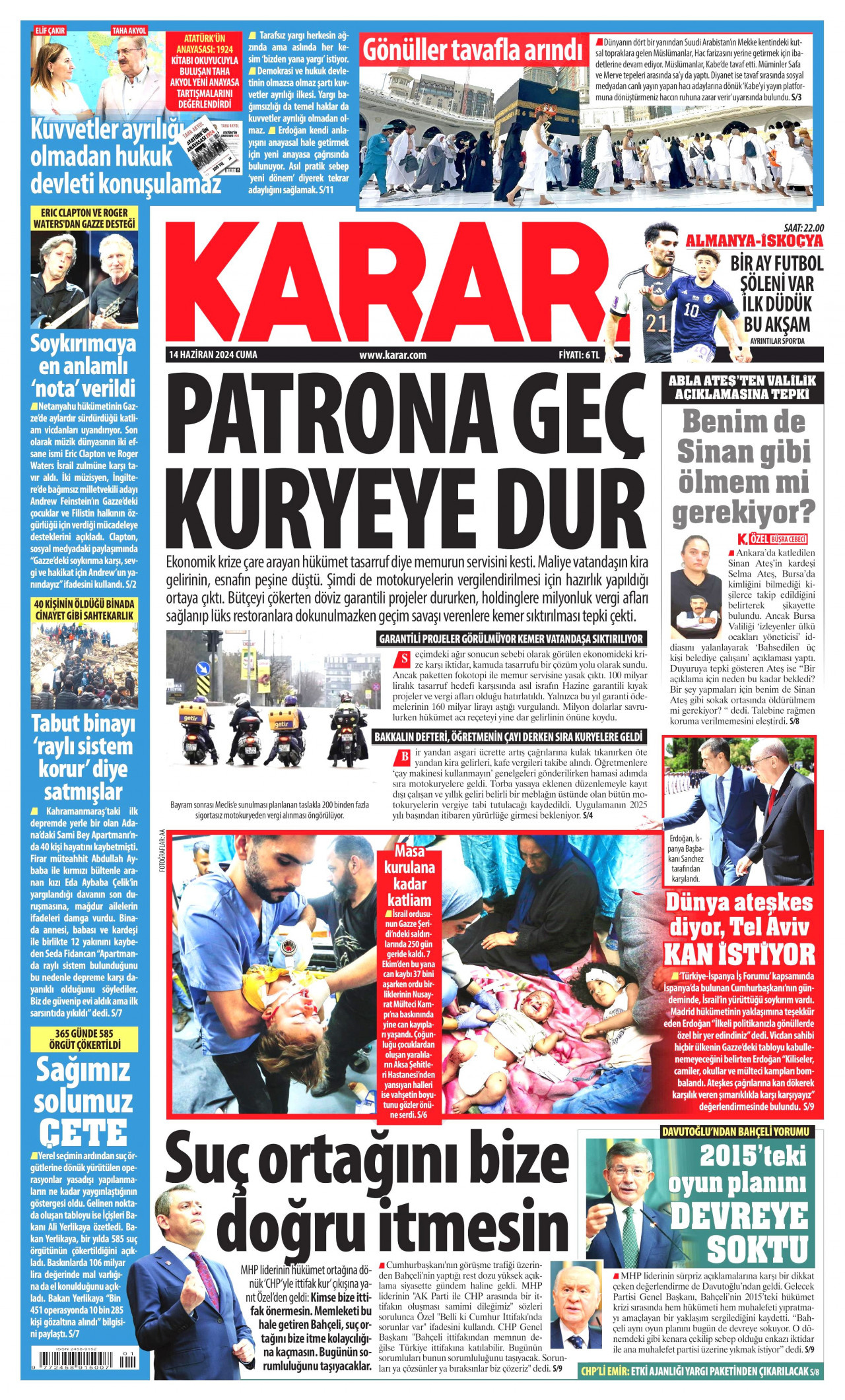 KARAR gazetesinin 14 Haziran 2024 tarihli birinci sayfası
