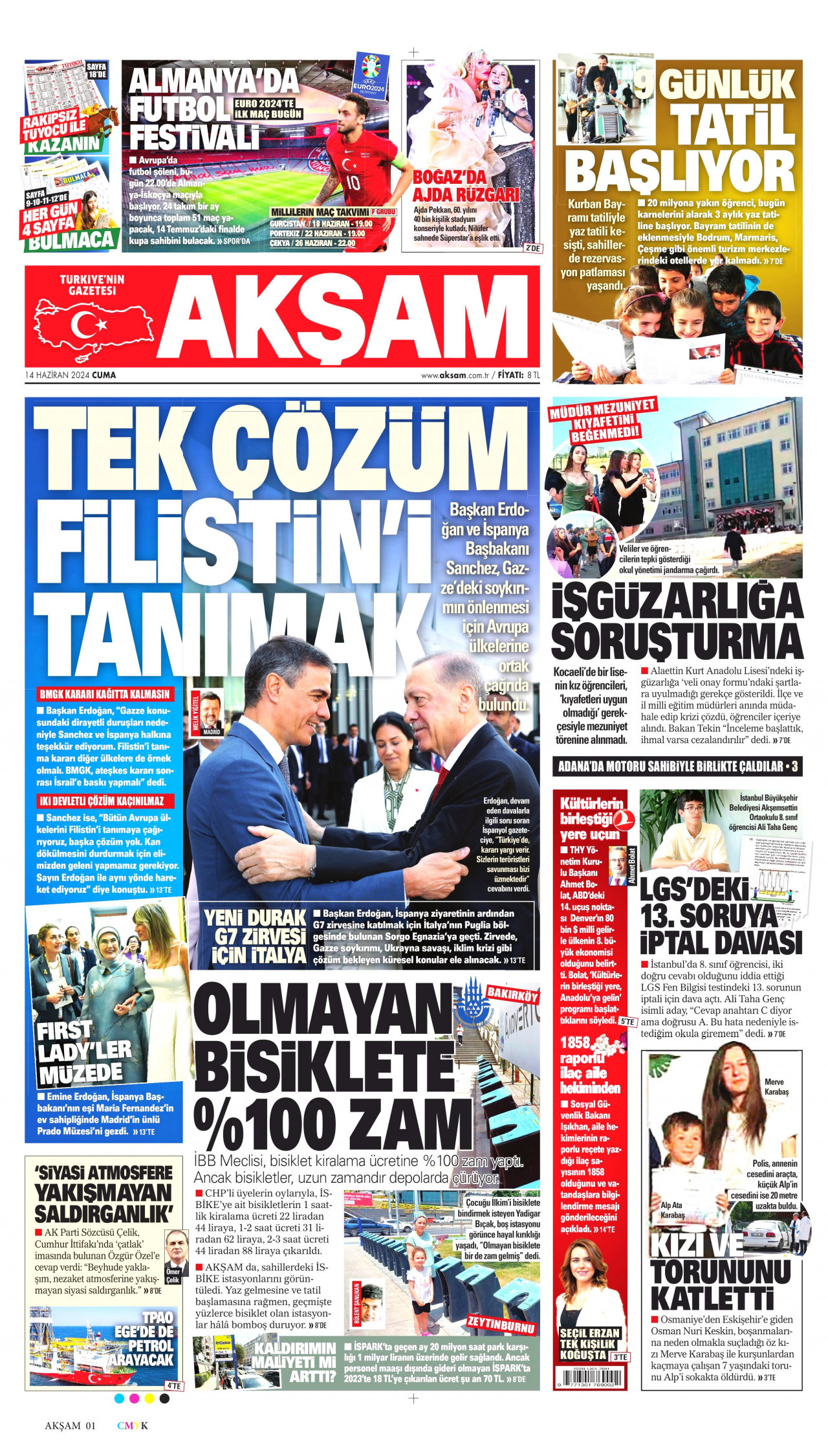 AKŞAM gazetesinin 14 Haziran 2024 tarihli birinci sayfası
