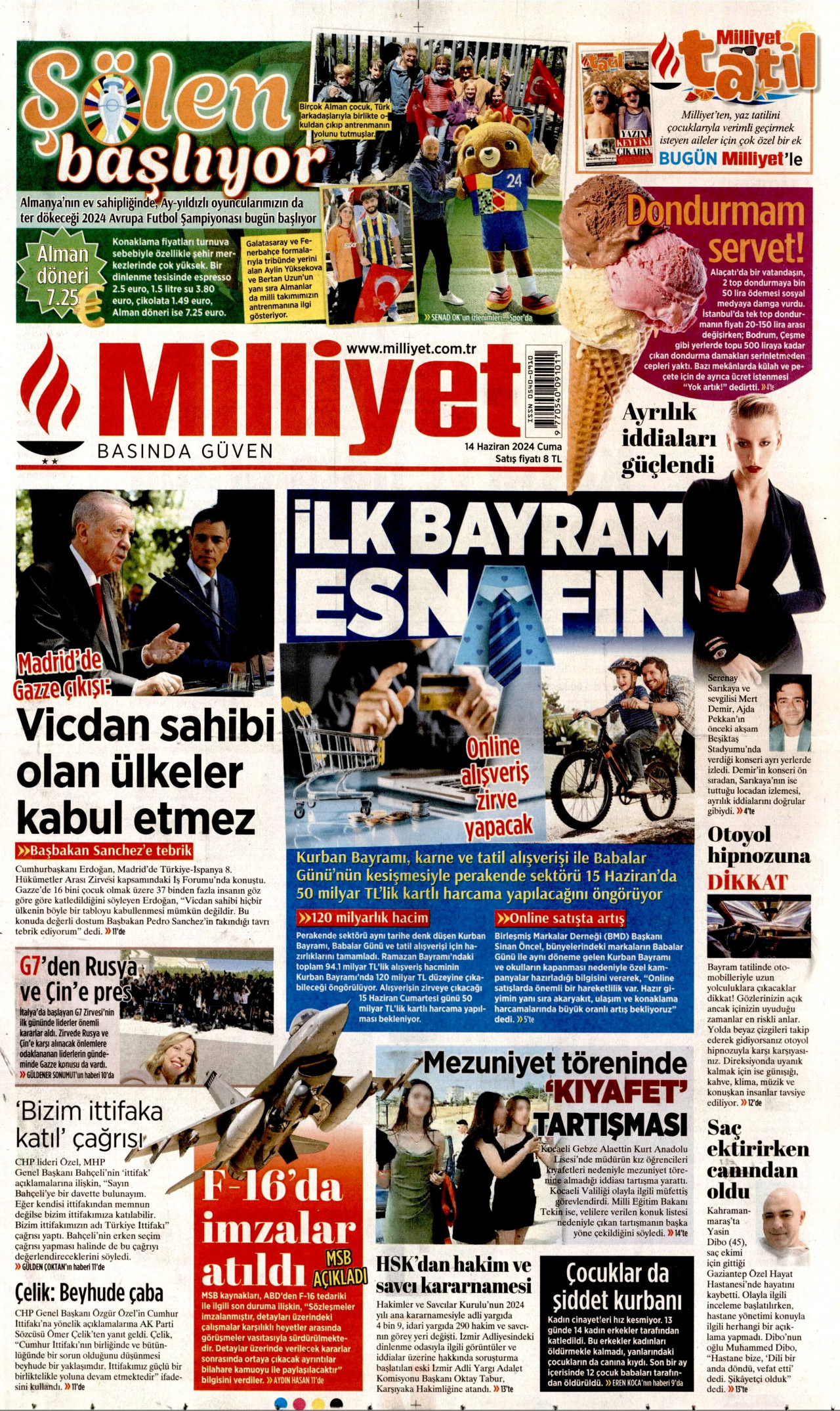 MİLLİYET gazetesinin 14 Haziran 2024 tarihli birinci sayfası