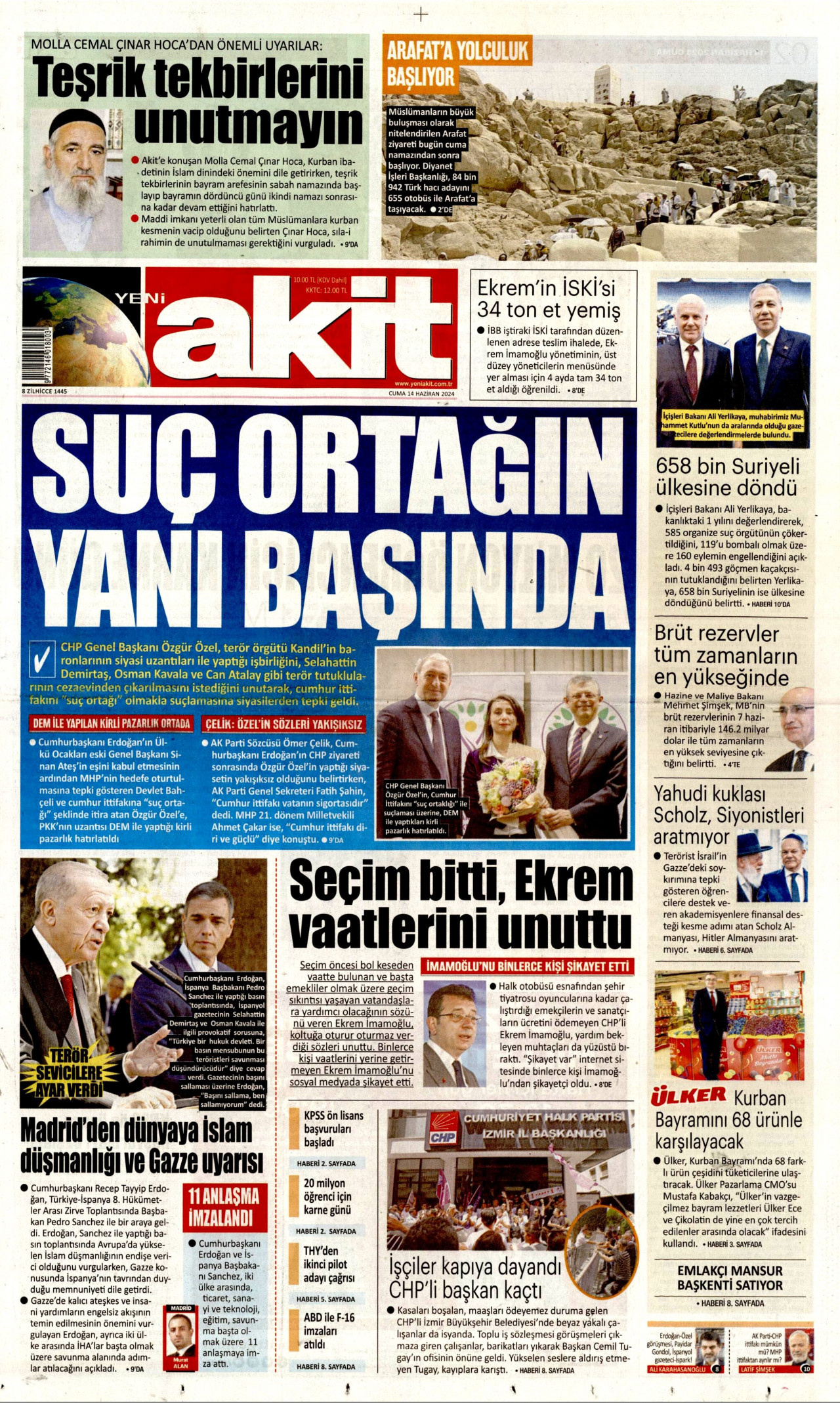 YENİ AKİT gazetesinin 14 Haziran 2024 tarihli birinci sayfası