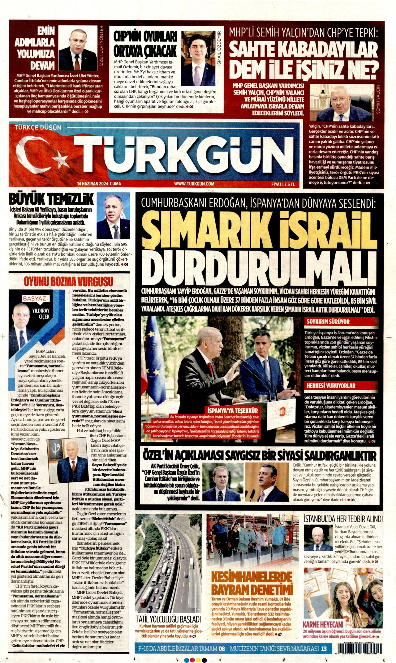 TÜRKGÜN gazetesinin 14 Haziran 2024 tarihli birinci sayfası