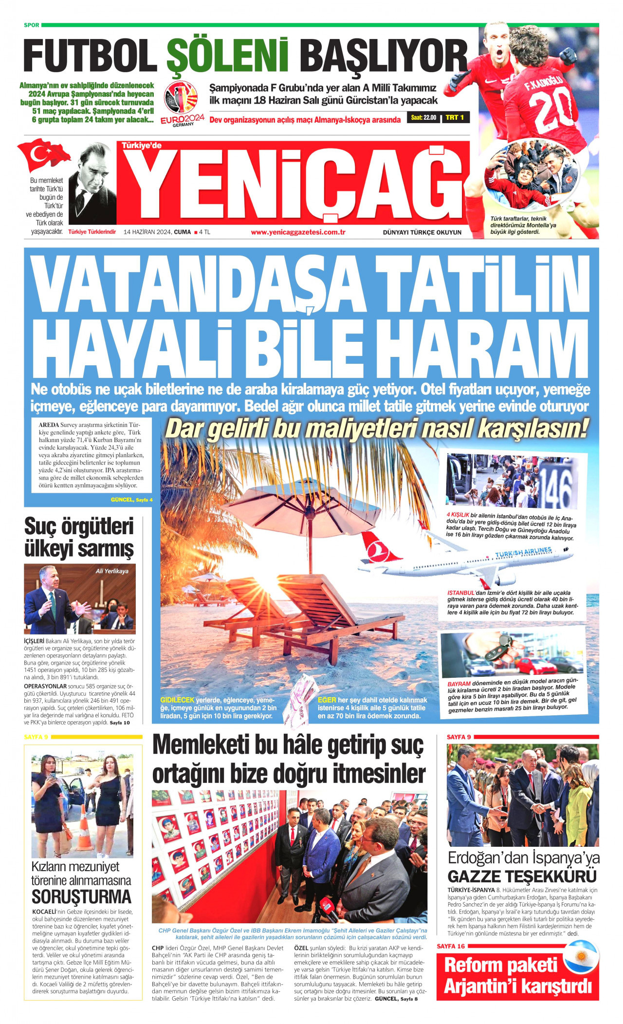 YENİÇAĞ gazetesinin 14 Haziran 2024 tarihli birinci sayfası