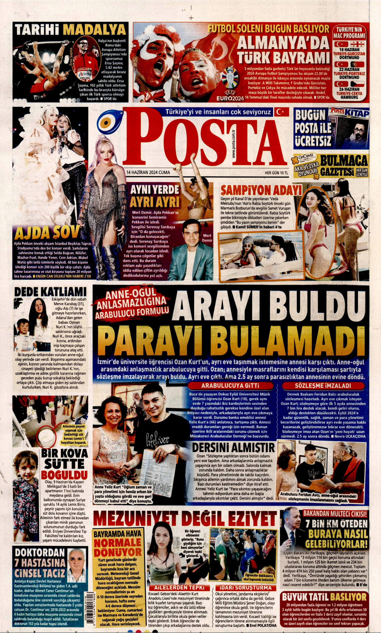 POSTA gazetesinin 14 Haziran 2024 tarihli birinci sayfası