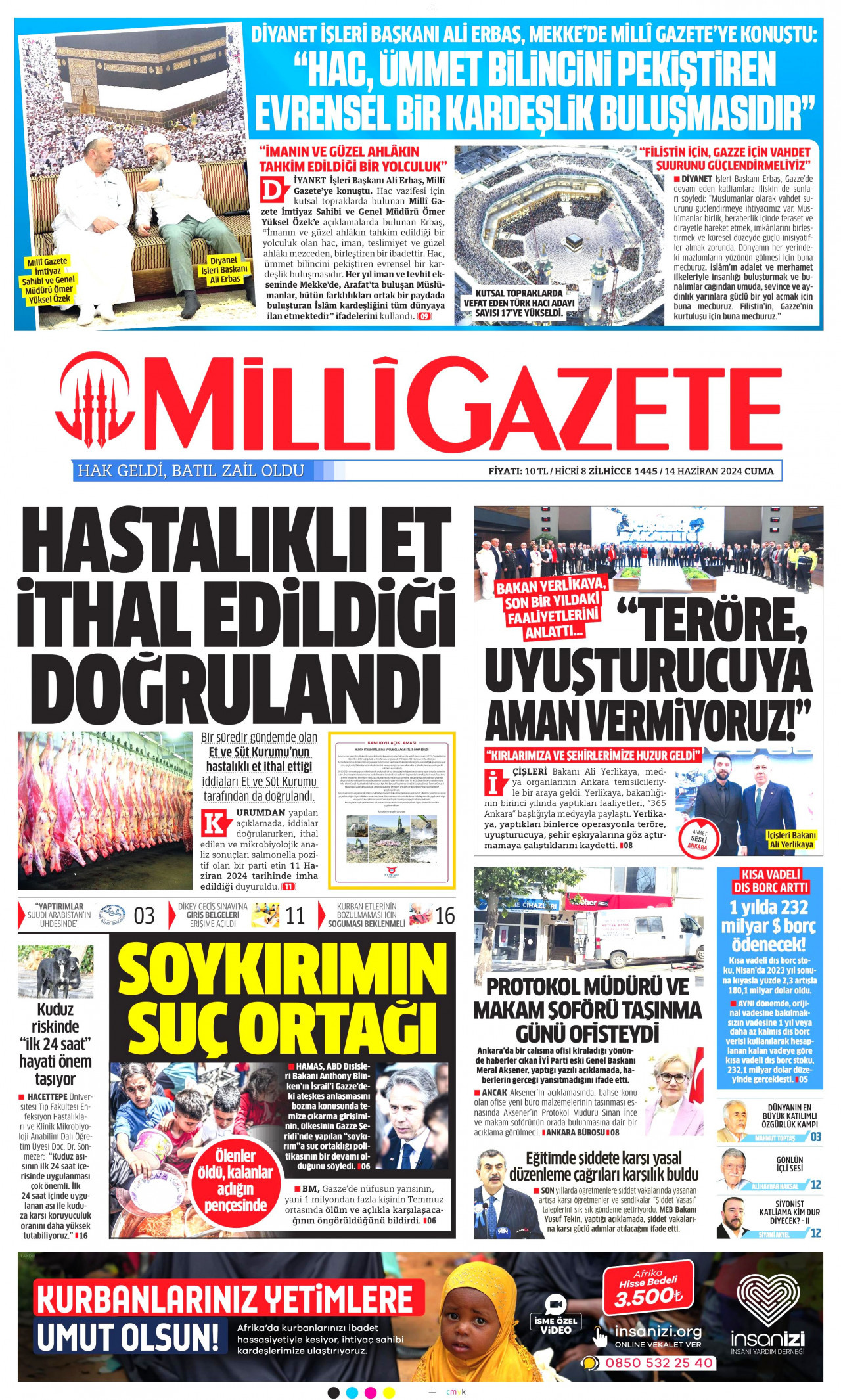 MİLLİ GAZETE gazetesinin 14 Haziran 2024 tarihli birinci sayfası
