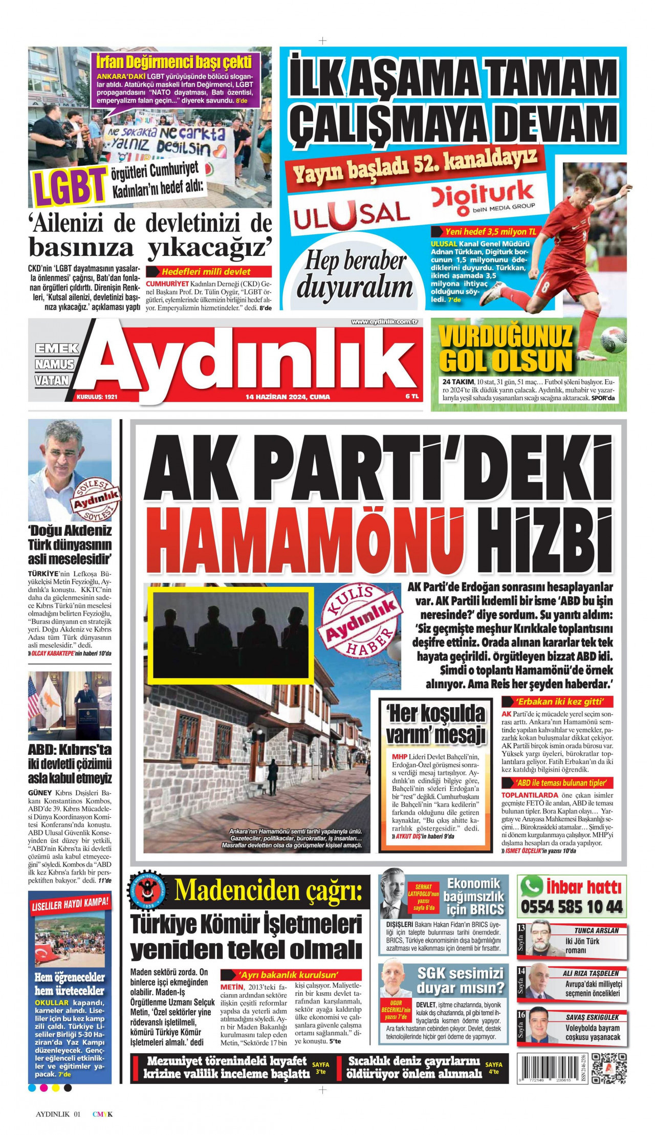 AYDINLIK GAZETESİ gazetesinin 14 Haziran 2024 tarihli birinci sayfası
