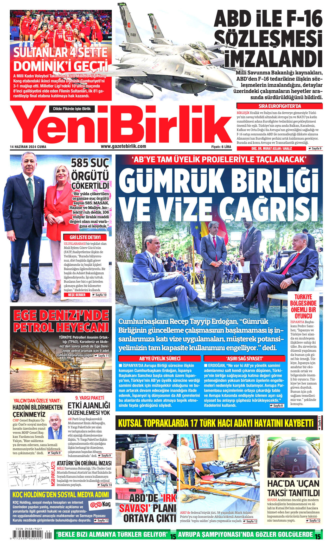 YENİBİRLİK gazetesinin 14 Haziran 2024 tarihli birinci sayfası