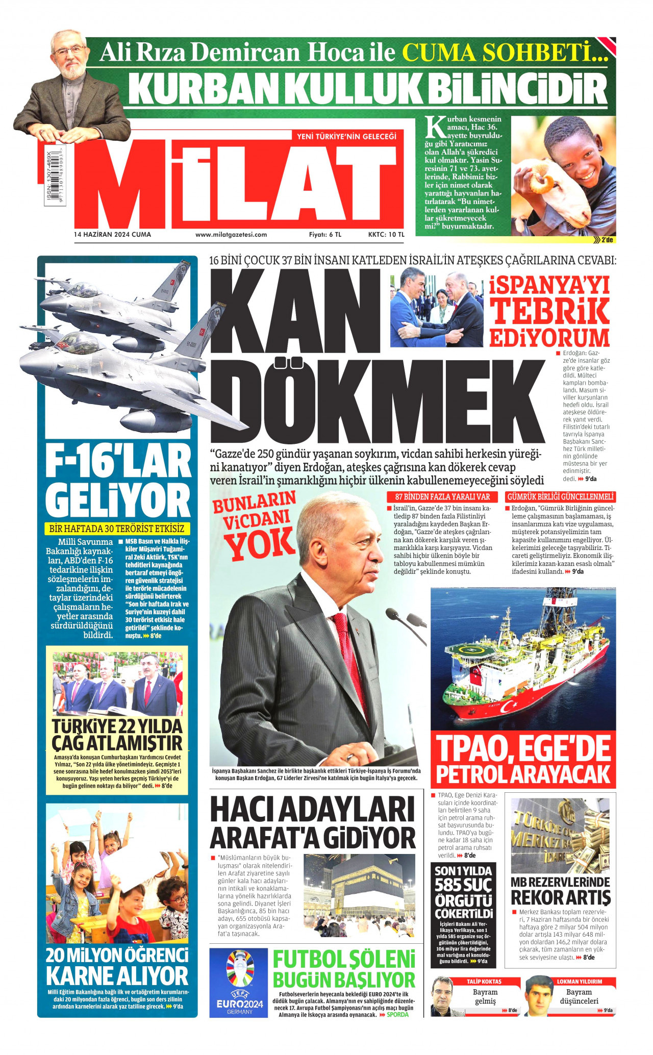 MİLAT gazetesinin 14 Haziran 2024 tarihli birinci sayfası