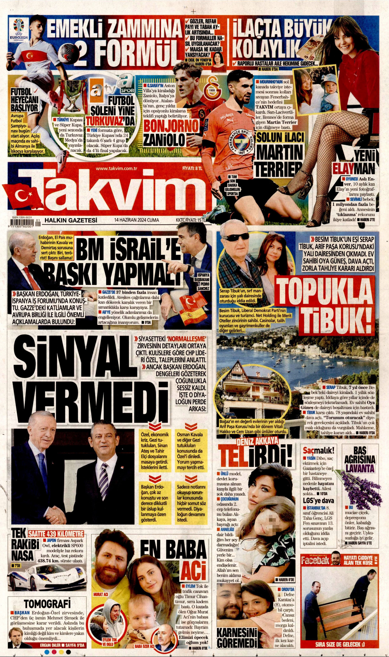 TAKVİM gazetesinin 14 Haziran 2024 tarihli birinci sayfası