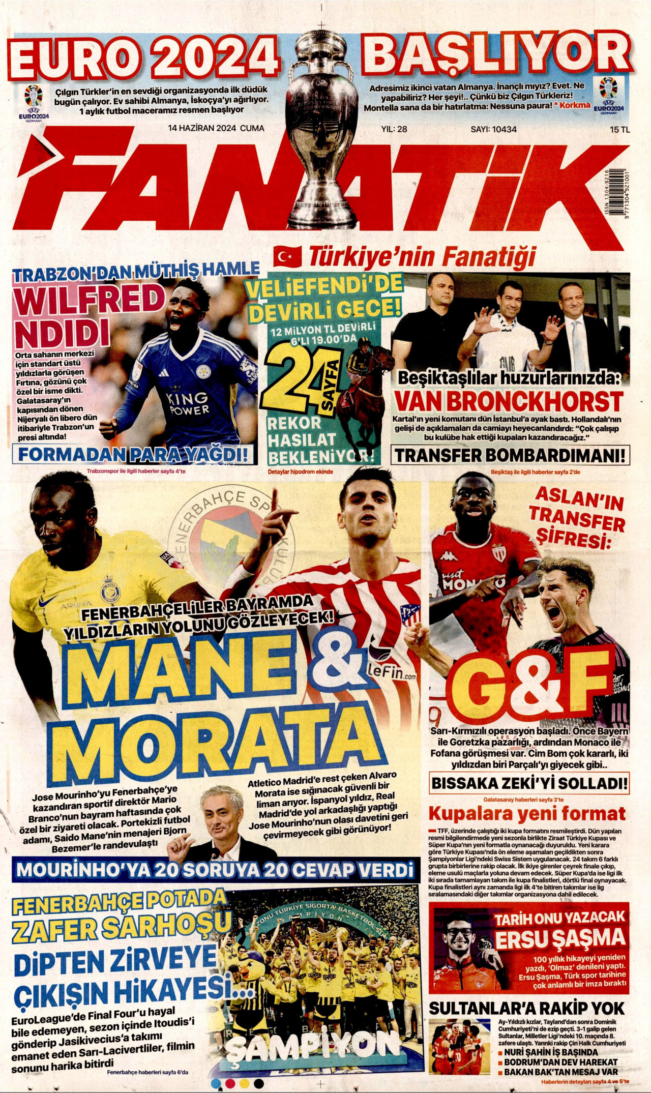 FANATİK gazetesinin 14 Haziran 2024 tarihli birinci sayfası