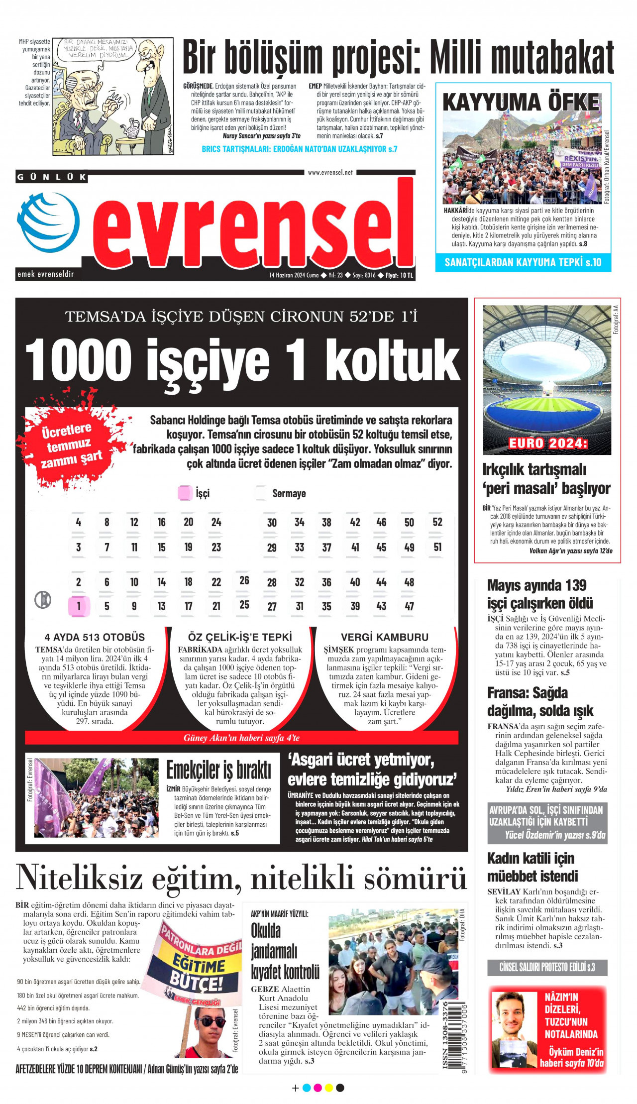EVRENSEL gazetesinin 14 Haziran 2024 tarihli birinci sayfası