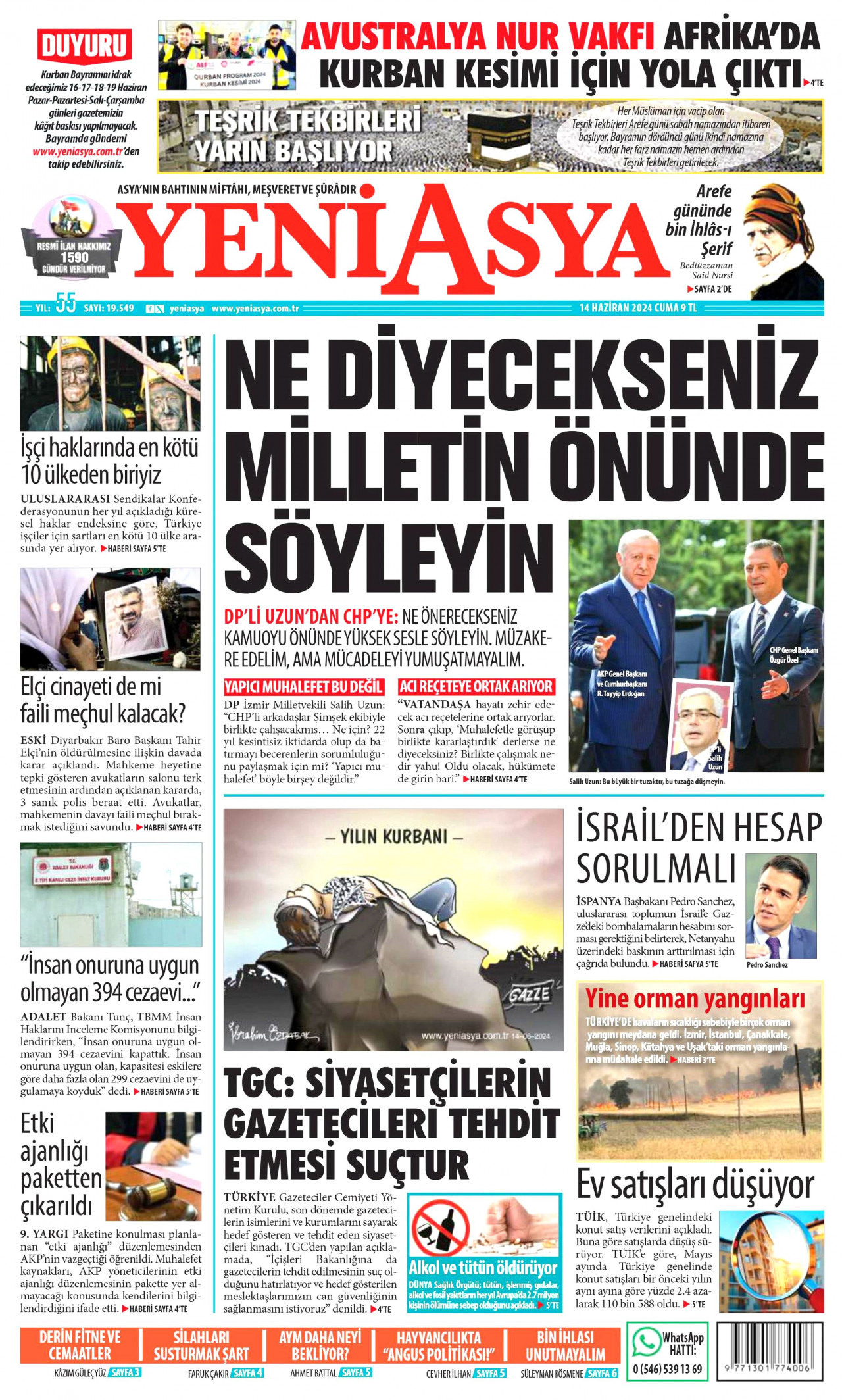 YENİ ASYA gazetesinin 14 Haziran 2024 tarihli birinci sayfası
