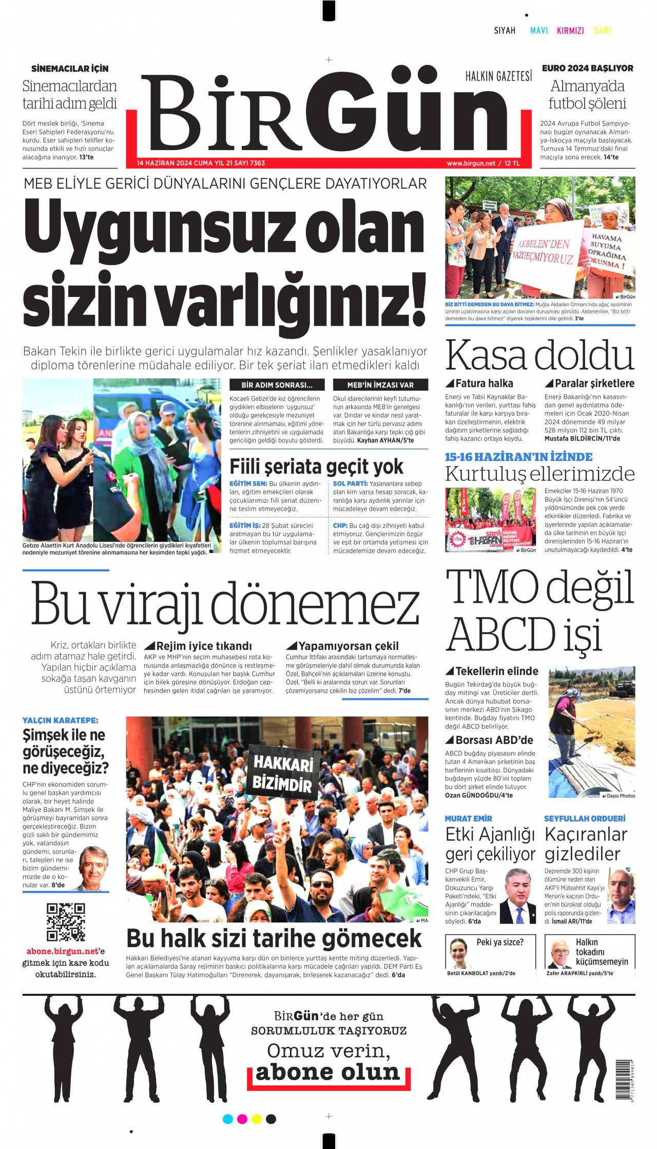 BİRGÜN gazetesinin 14 Haziran 2024 tarihli birinci sayfası
