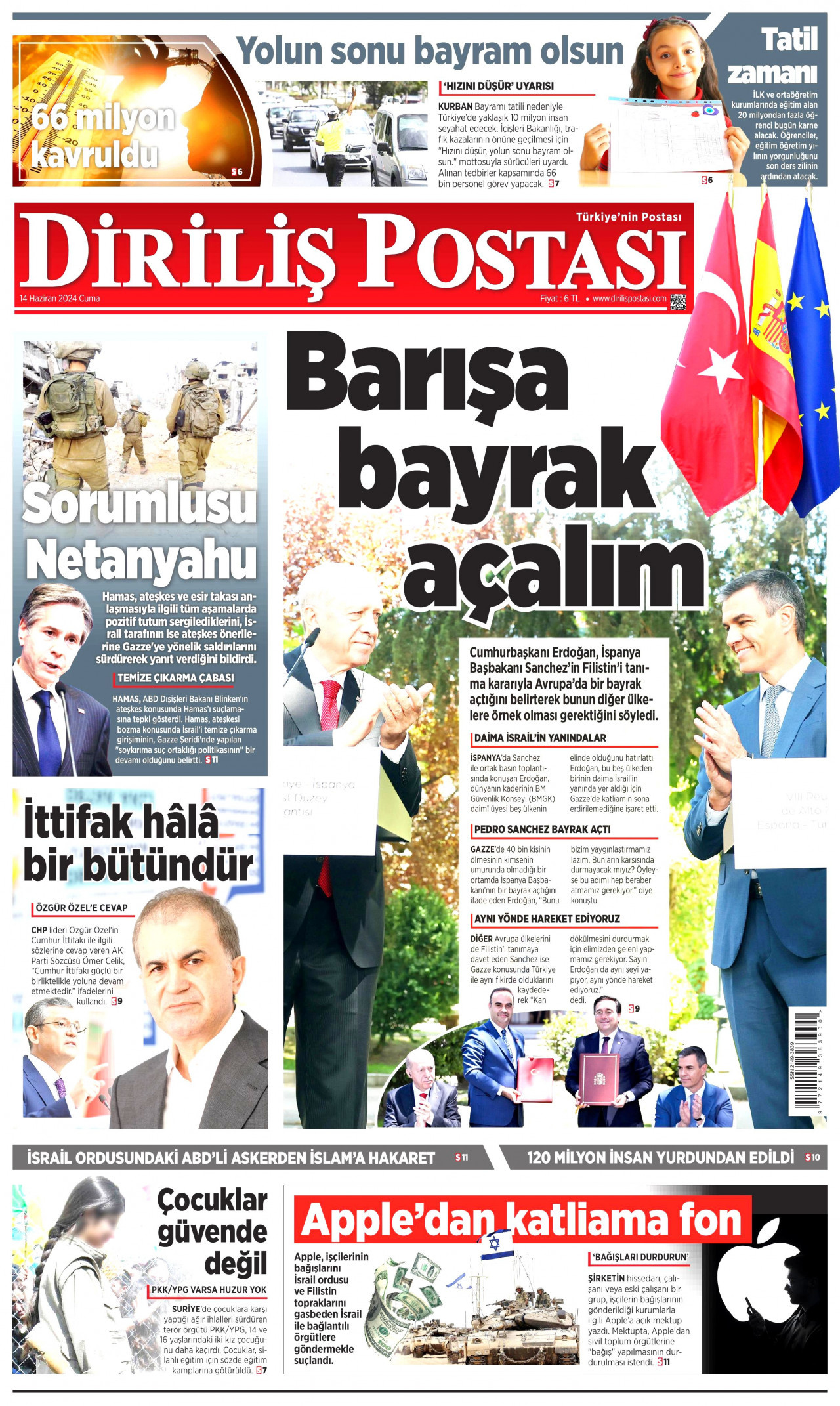 DİRİLİŞ POSTASI gazetesinin 14 Haziran 2024 tarihli birinci sayfası