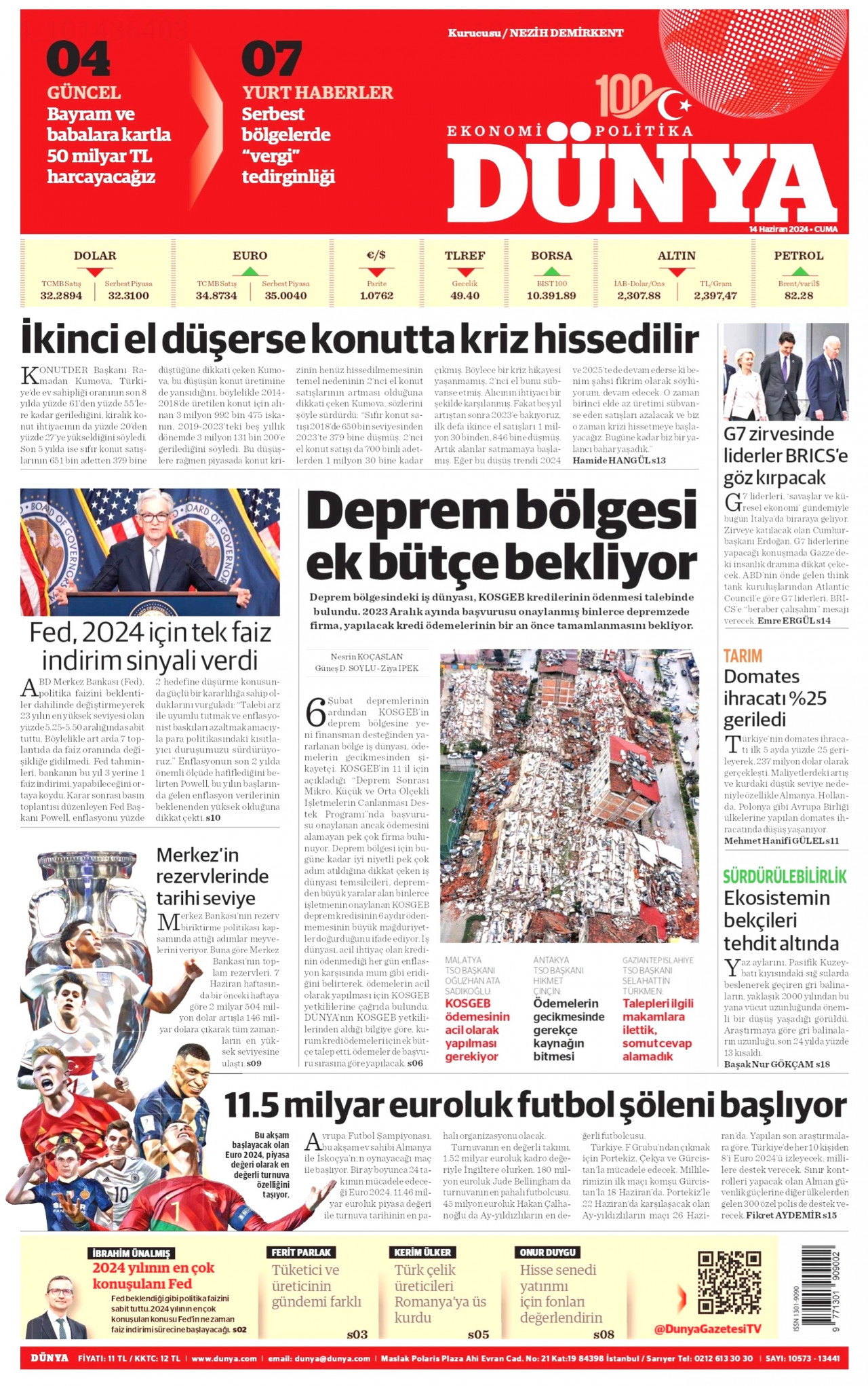 DÜNYA gazetesinin 14 Haziran 2024 tarihli birinci sayfası