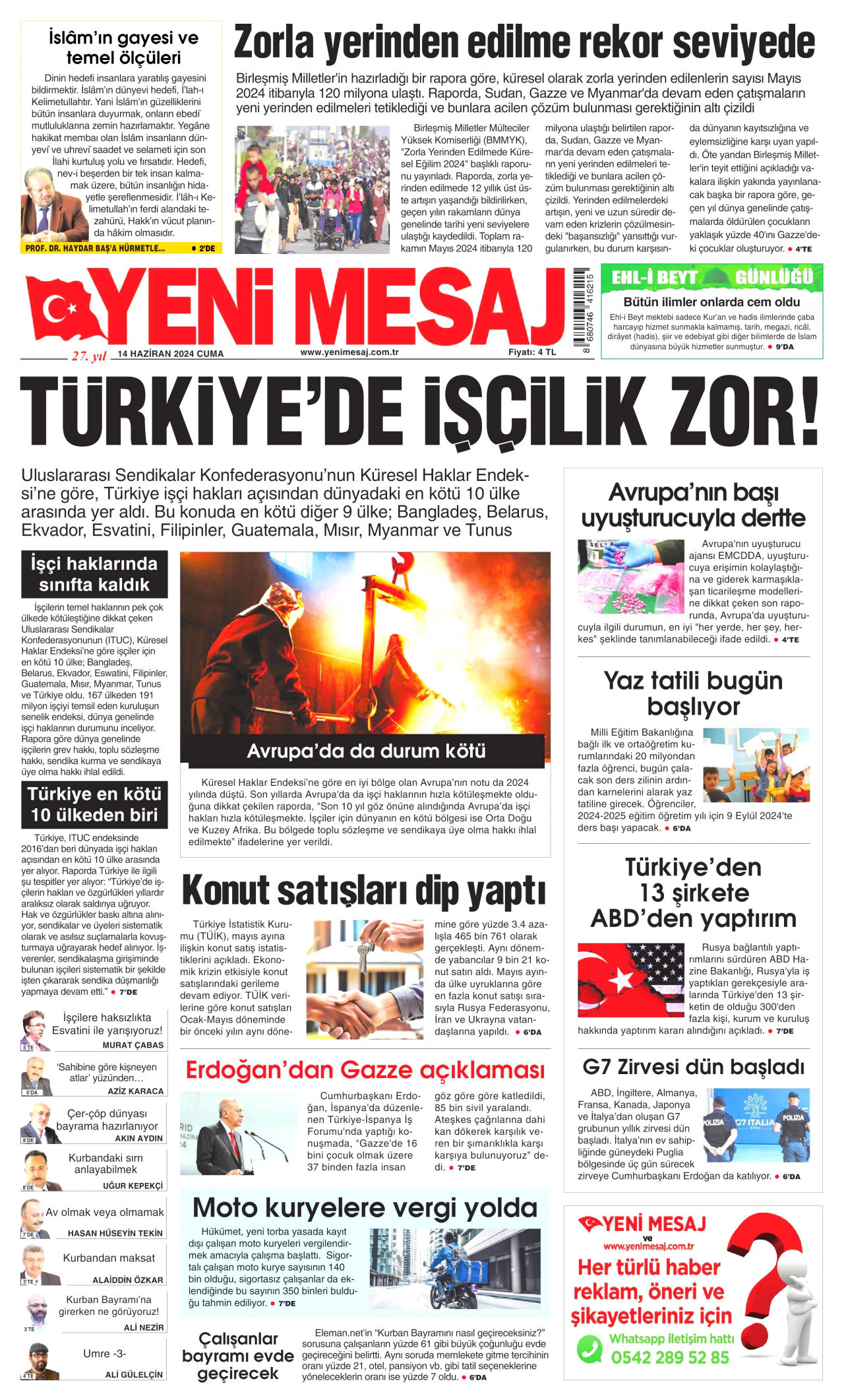 YENİ MESAJ gazetesinin 14 Haziran 2024 tarihli birinci sayfası