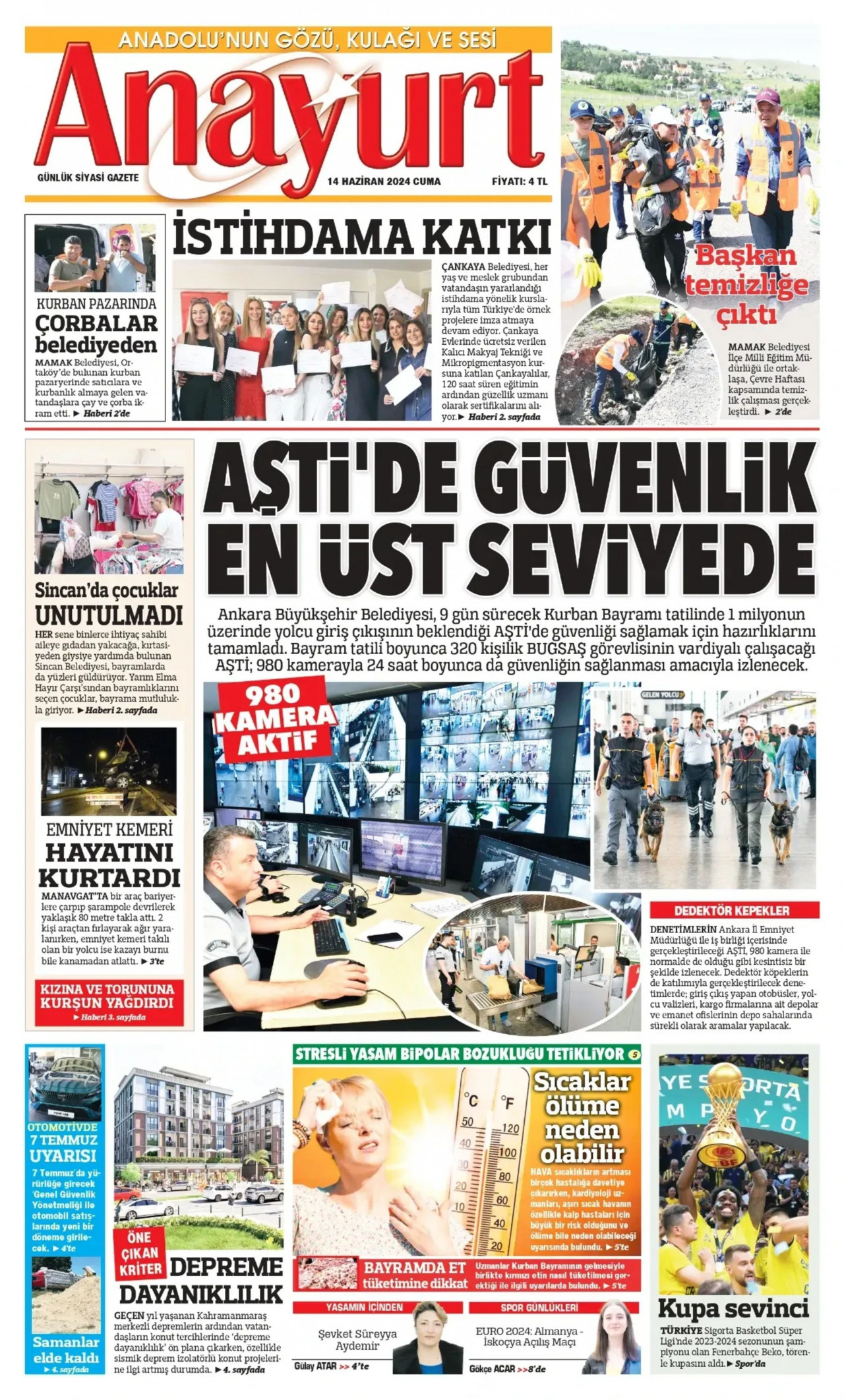 ANAYURT gazetesinin 14 Haziran 2024 tarihli birinci sayfası