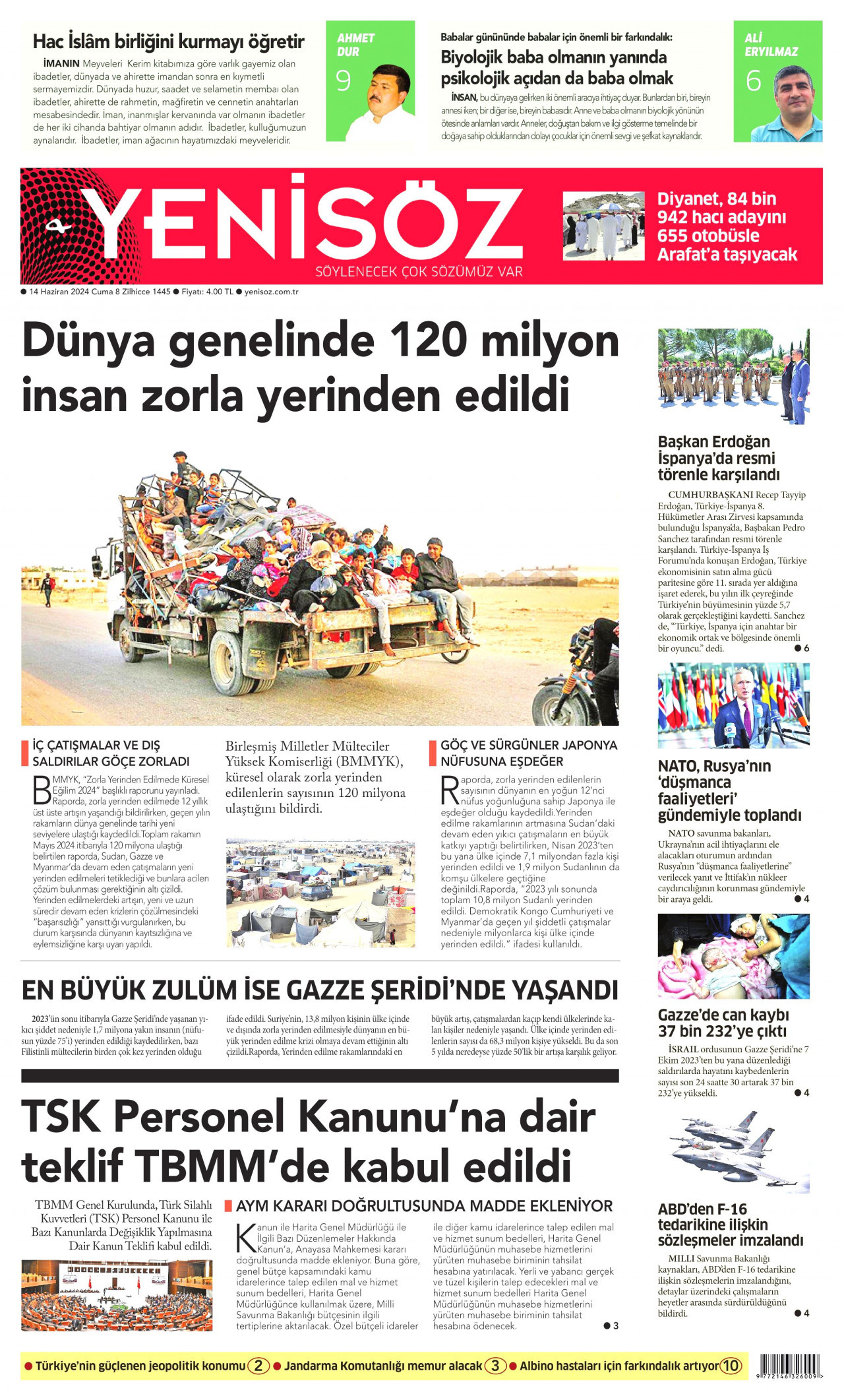 YENİ SÖZ GAZETESİ gazetesinin 14 Haziran 2024 tarihli birinci sayfası
