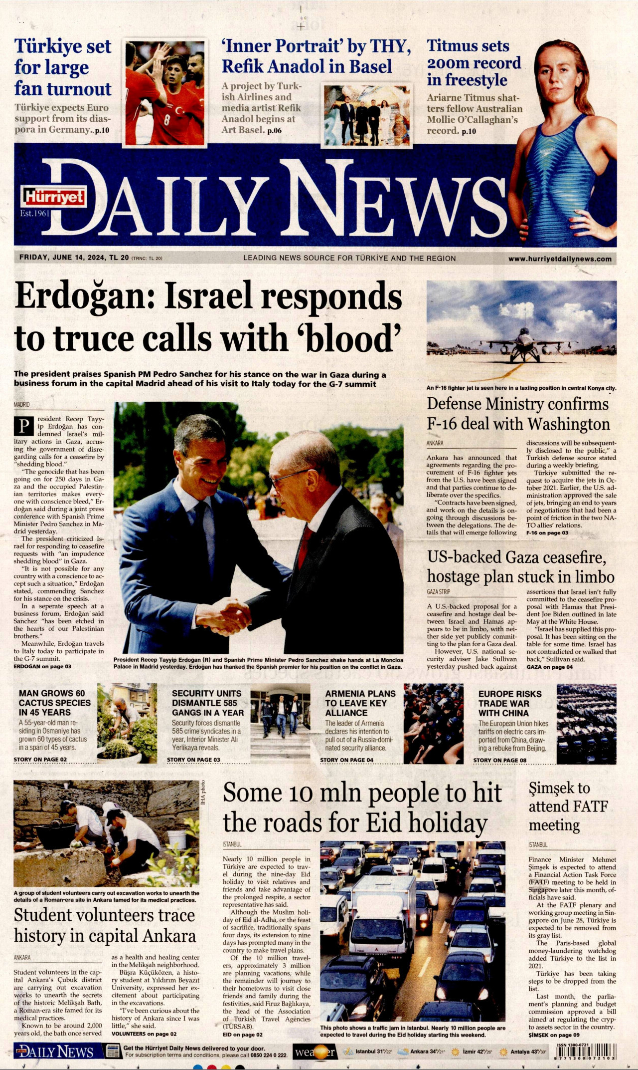 HÜRRİYET DAİLY NEWS gazetesinin 14 Haziran 2024 tarihli birinci sayfası